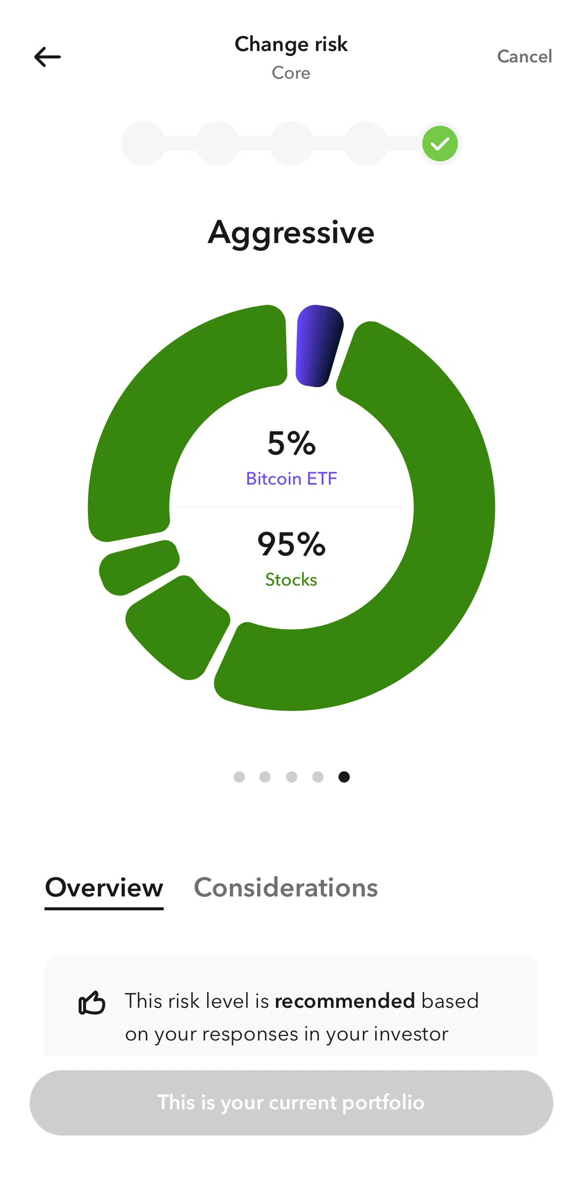 Acorns Screen screen in the Changing a risk flow