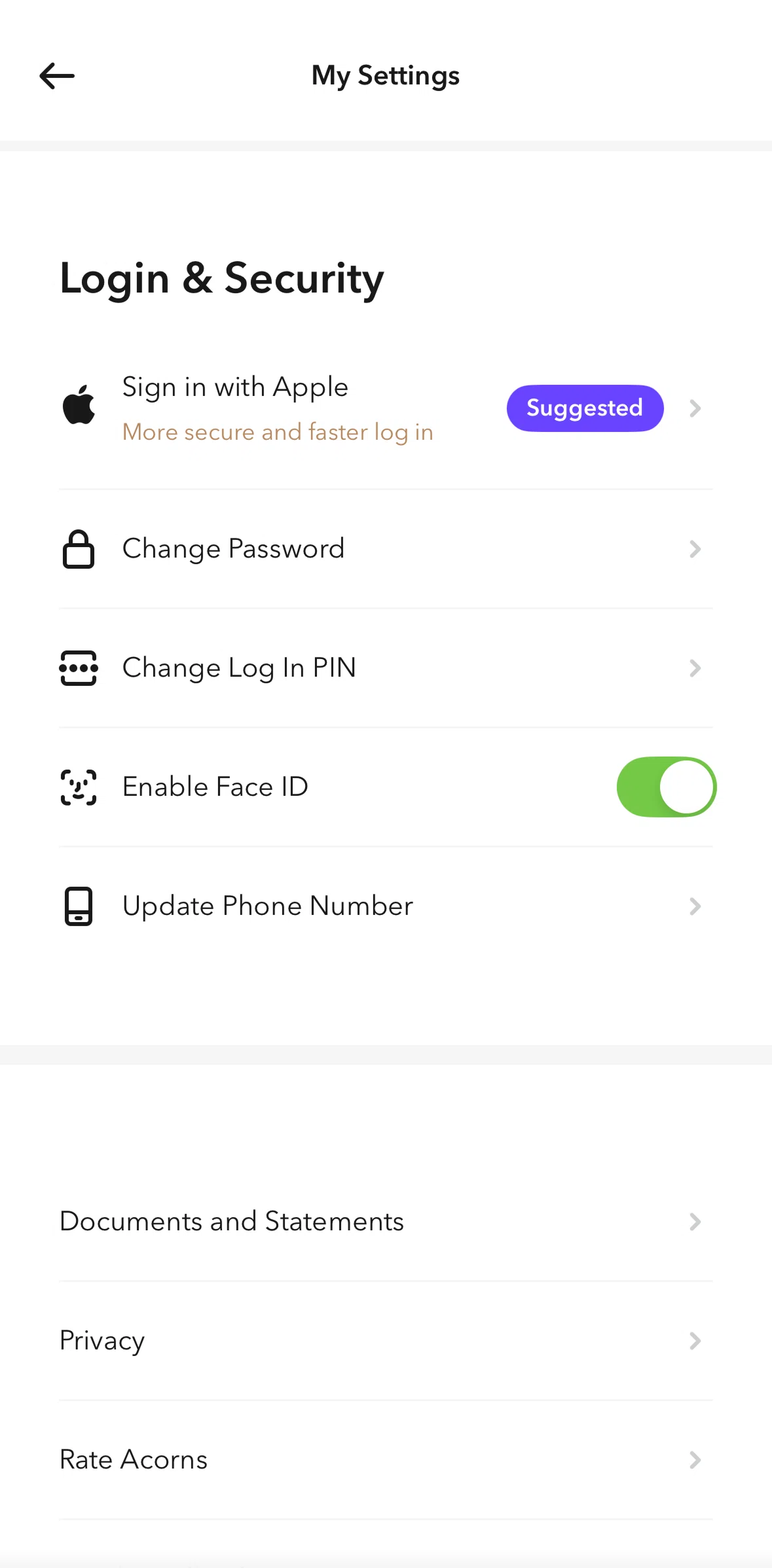 Acorns Screen screen in the Changing PIN flow