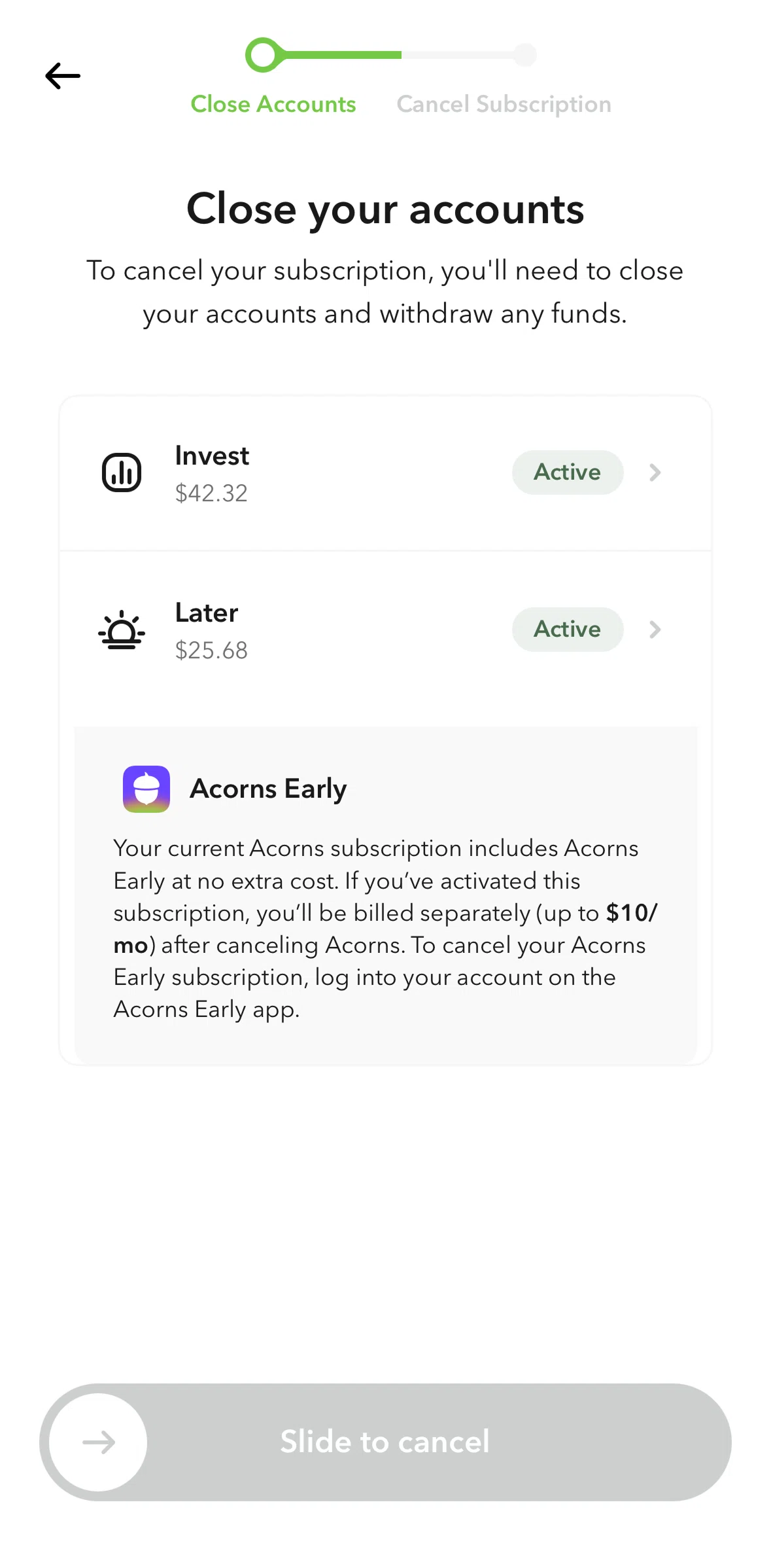 Acorns Screen screen in the Closing invest account flow