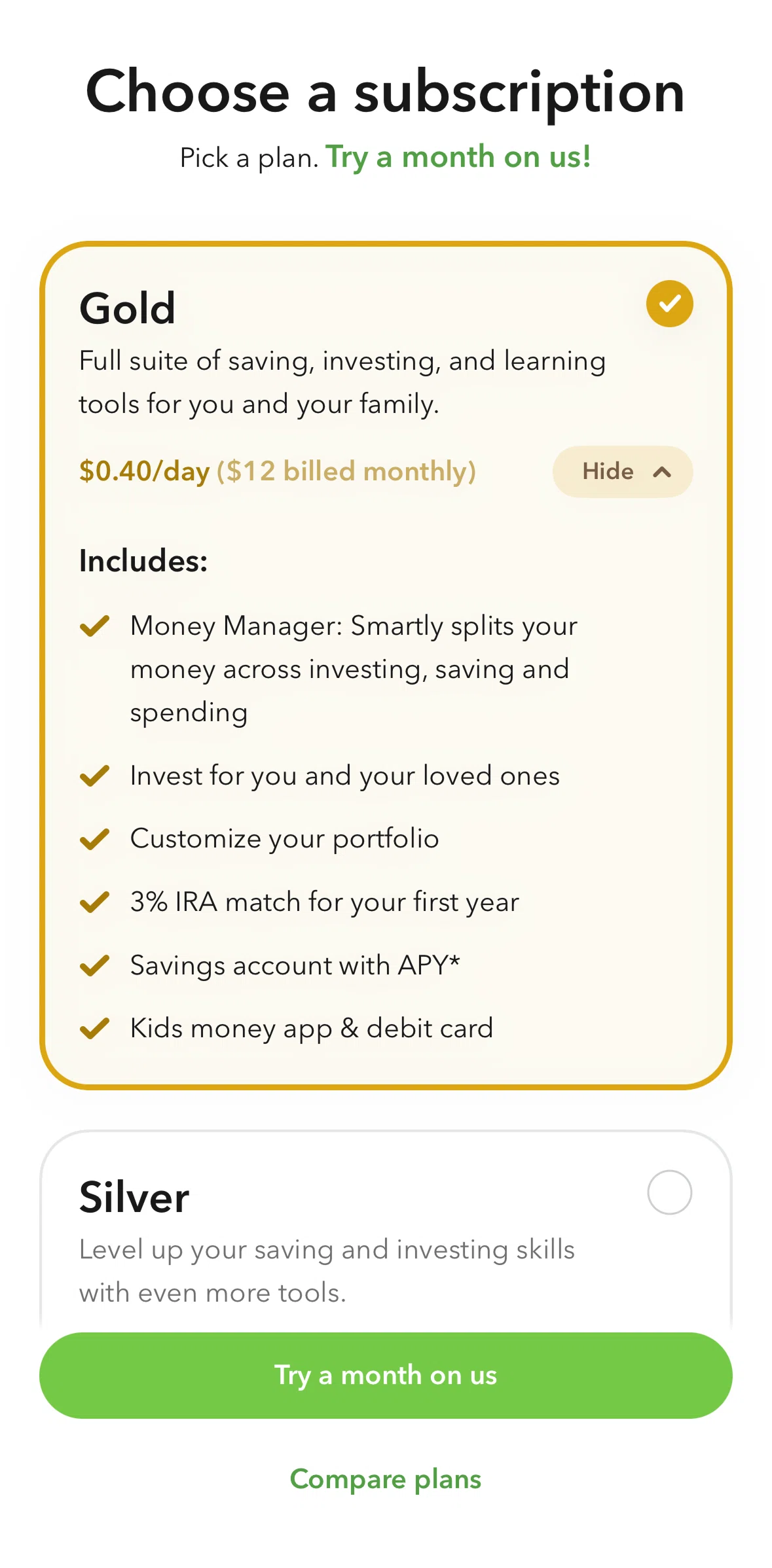 Acorns Screen screen in the Compare plans flow