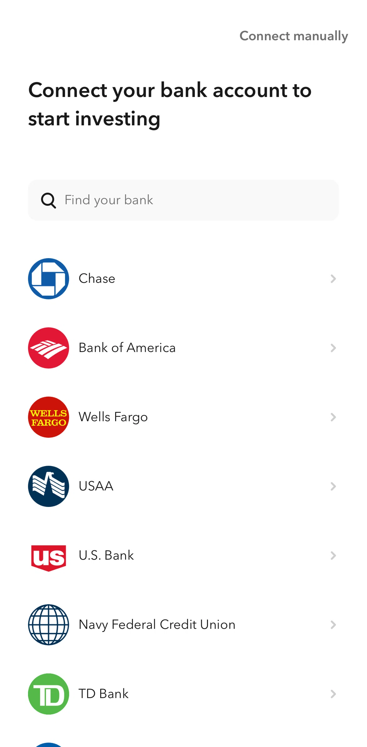 Acorns Screen screen in the Connect to a bank account manually flow