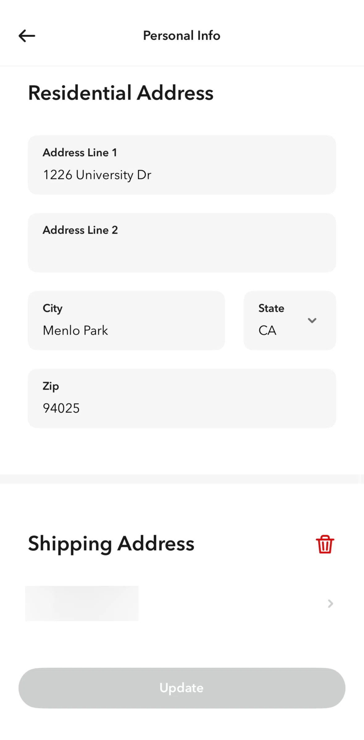 Acorns Screen screen in the Deleting a shipping address flow