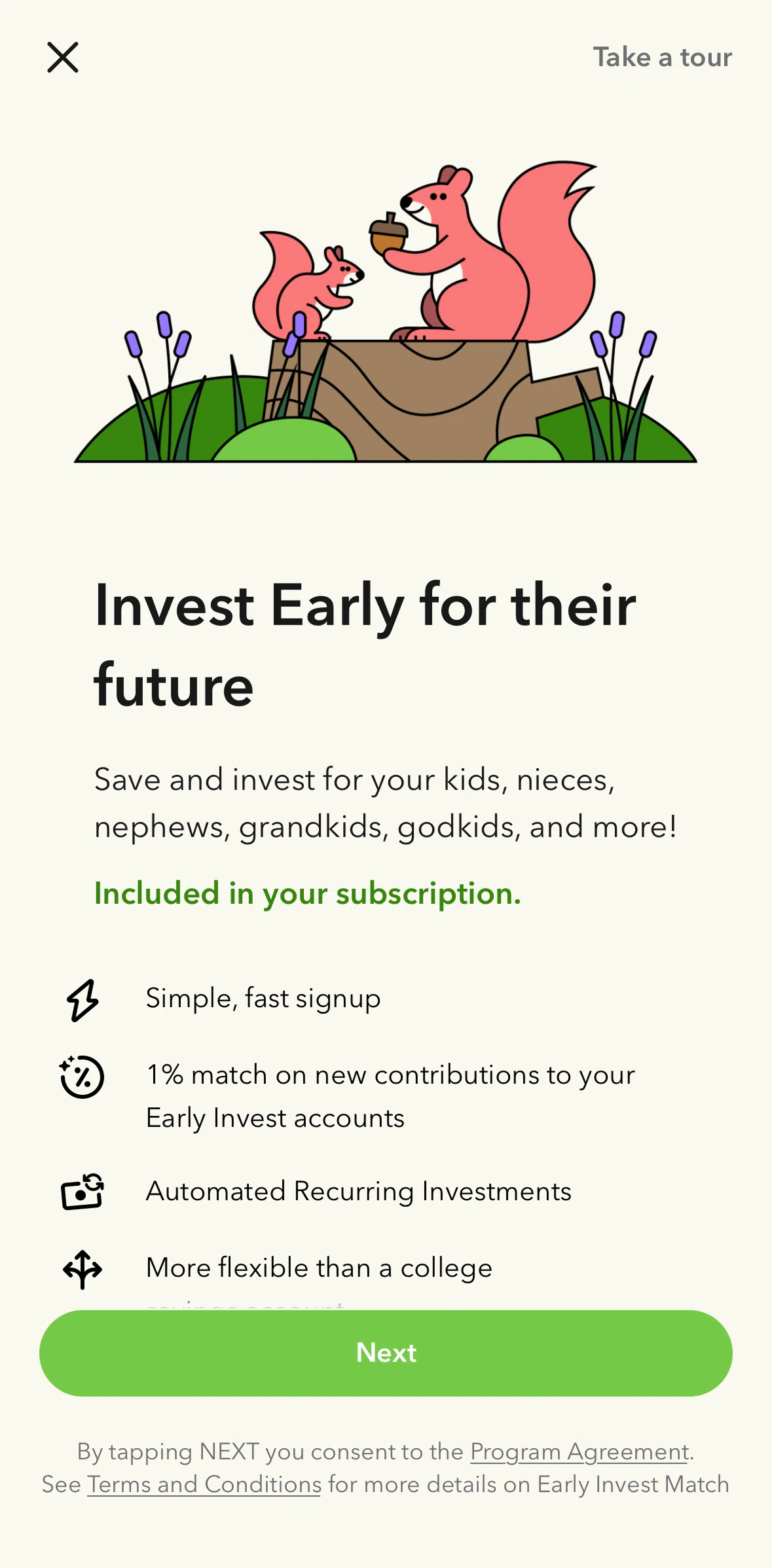 Acorns Screen screen in the Early invest tour flow