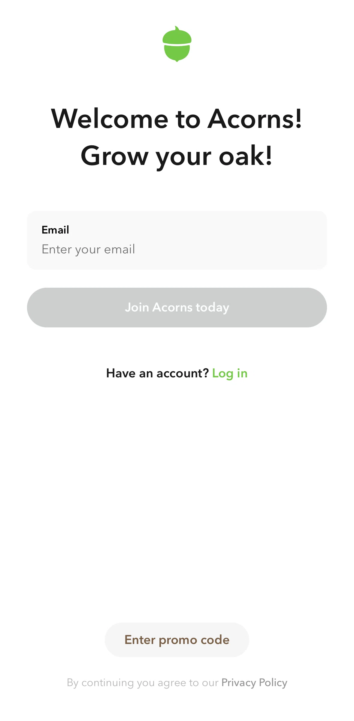 Acorns Screen screen in the Enter a promo code flow
