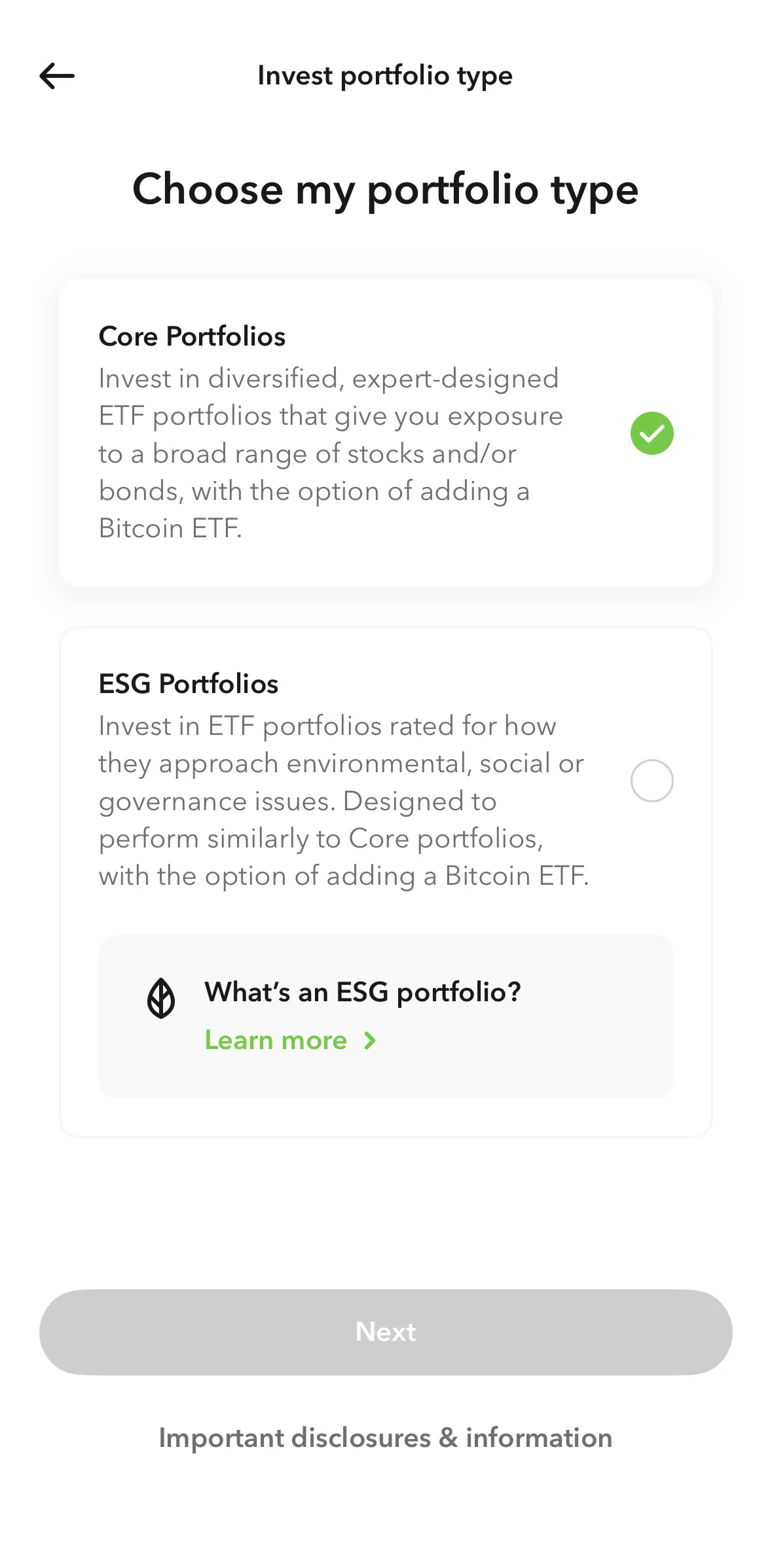 Acorns Screen screen in the ESG portfolio information flow