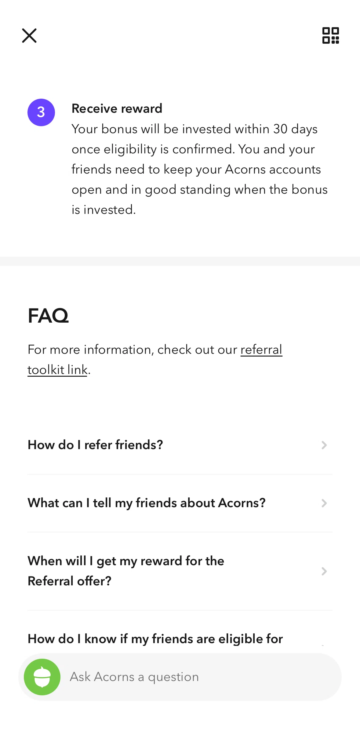 Acorns Screen screen in the FAQ detail flow