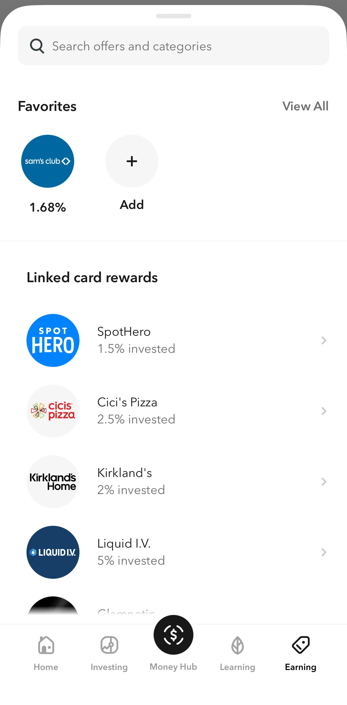 Acorns Screen screen in the Favorites flow