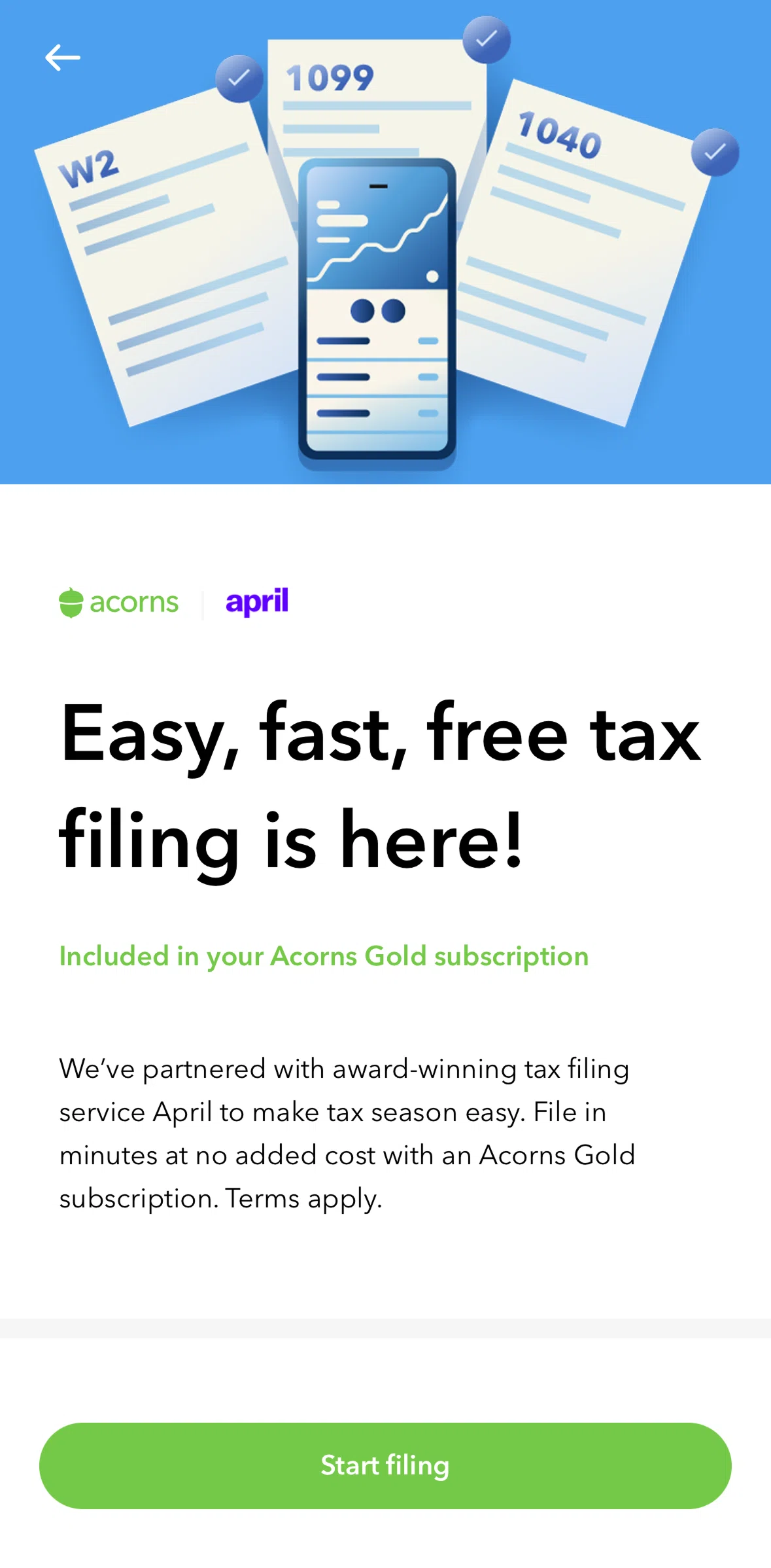 Acorns Screen screen in the Fill a task flow
