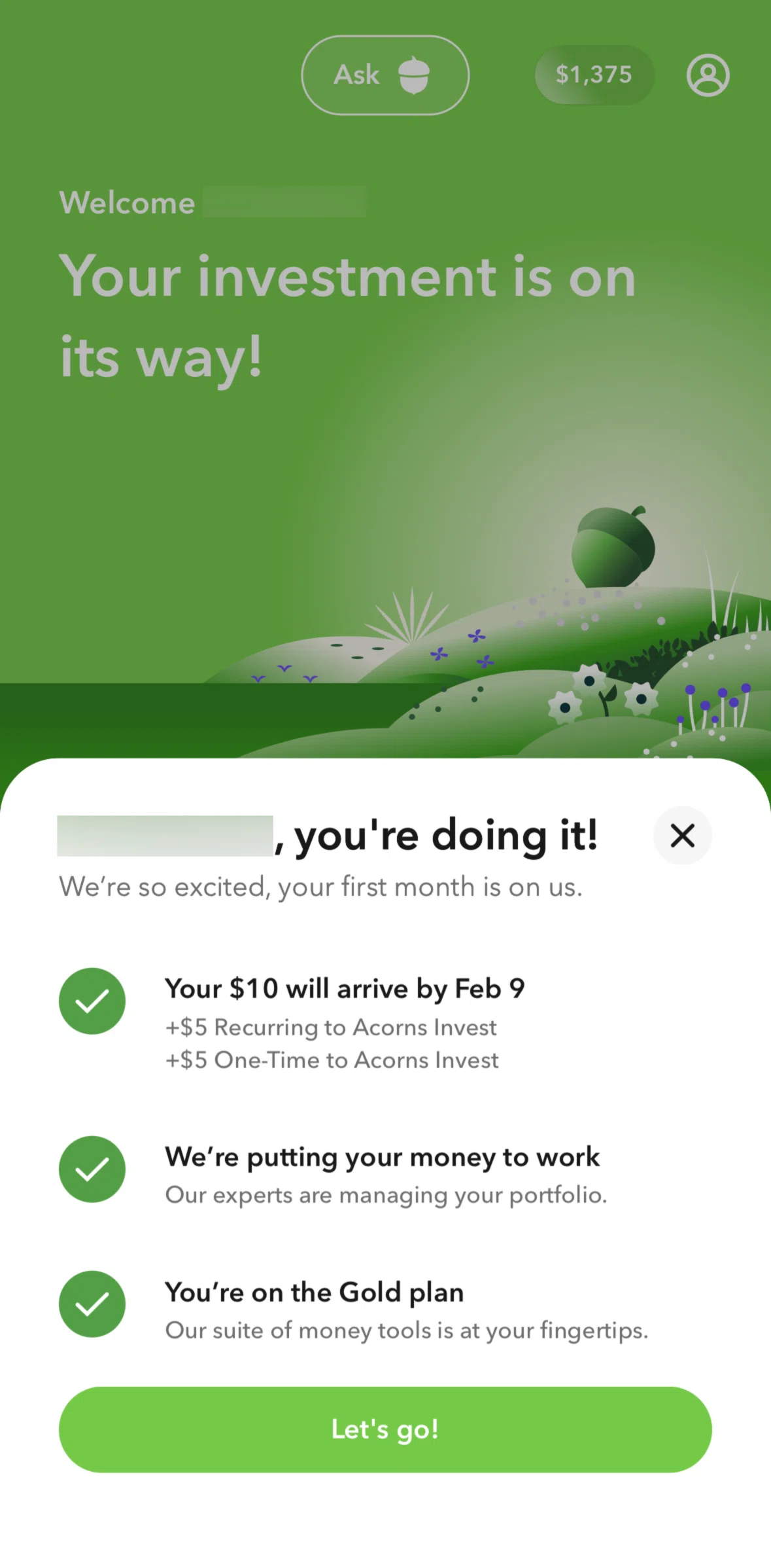Acorns Screen screen in the Home flow