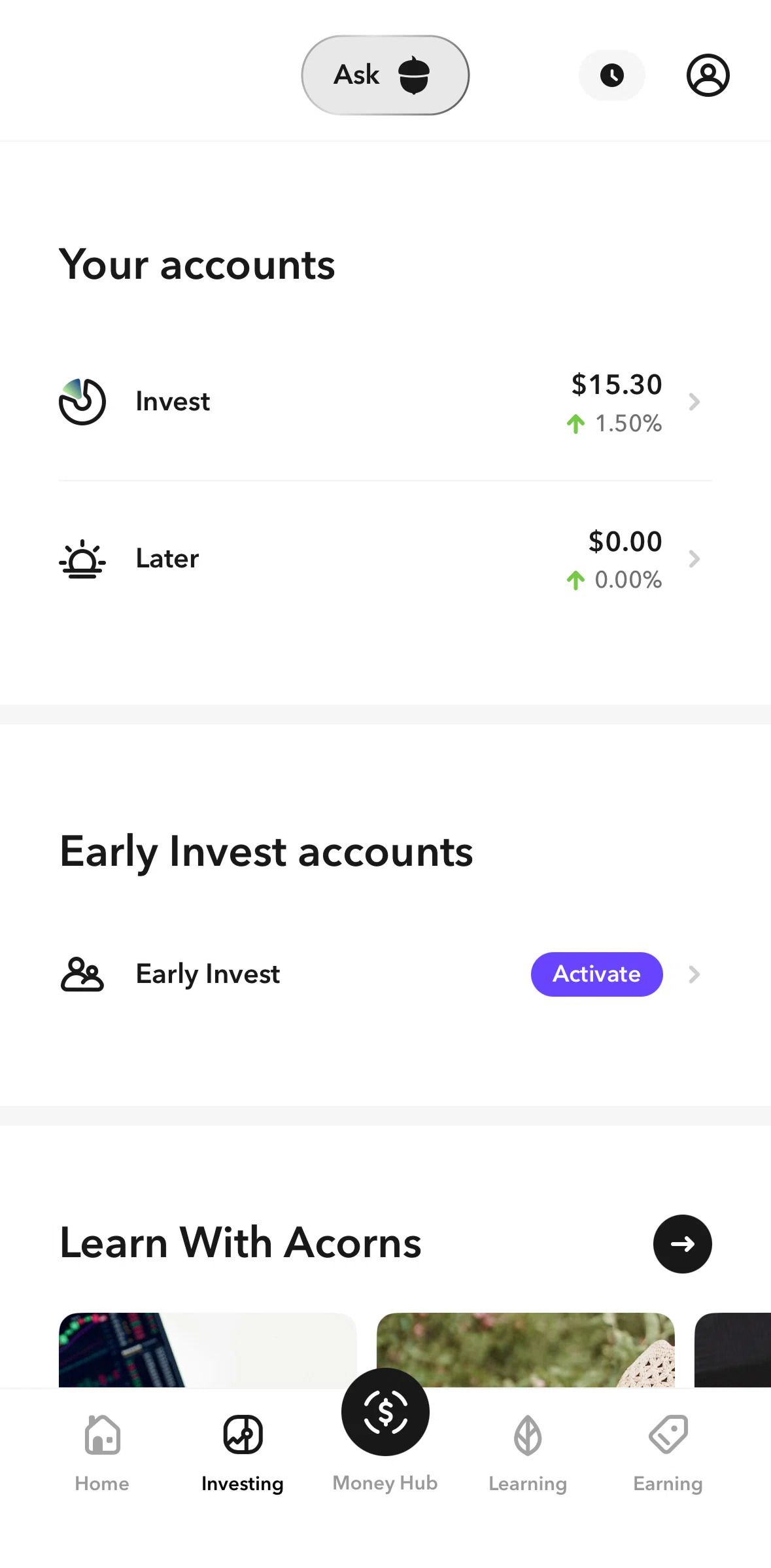 Acorns Screen screen in the Invest flow
