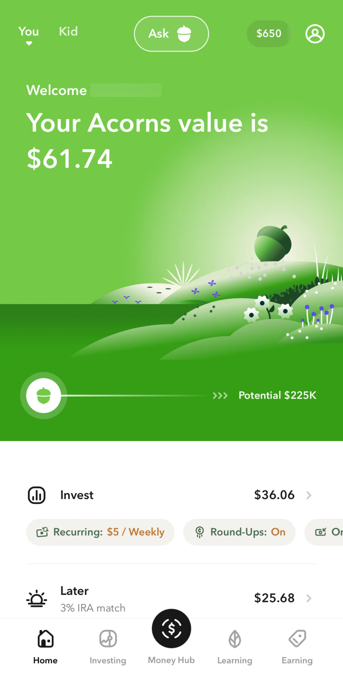 Acorns Screen screen in the Kid flow