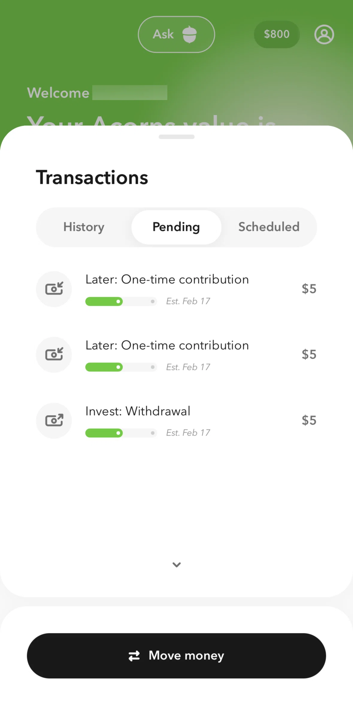 Acorns Screen screen in the Move money flow