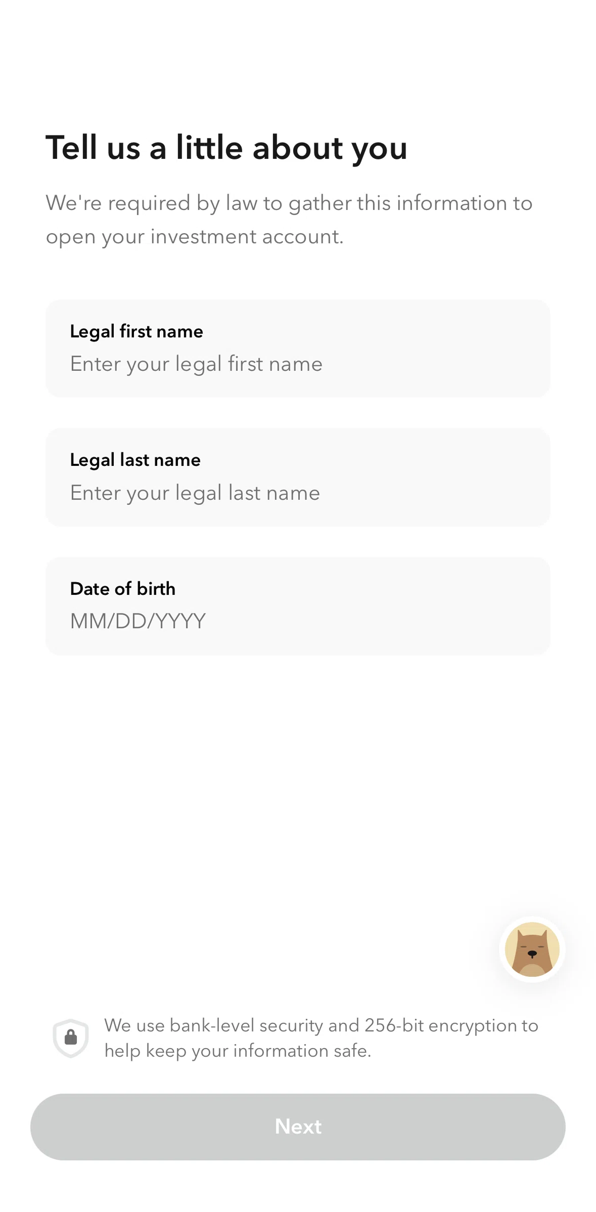 Acorns Screen screen in the Onboarding information flow