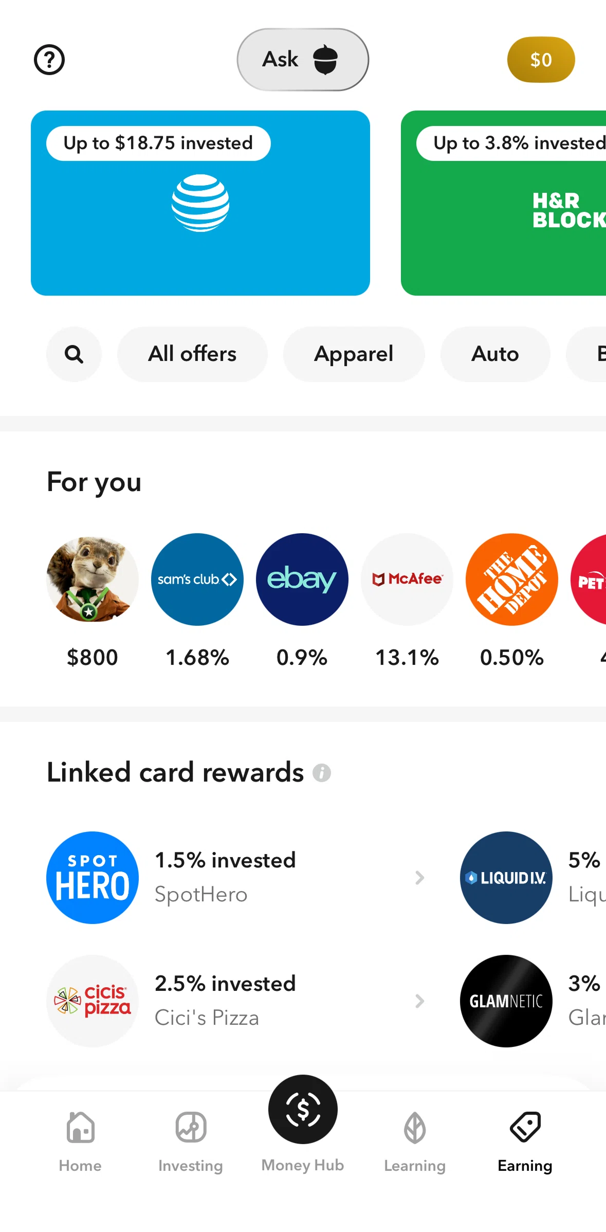 Acorns Screen screen in the Recent activity flow