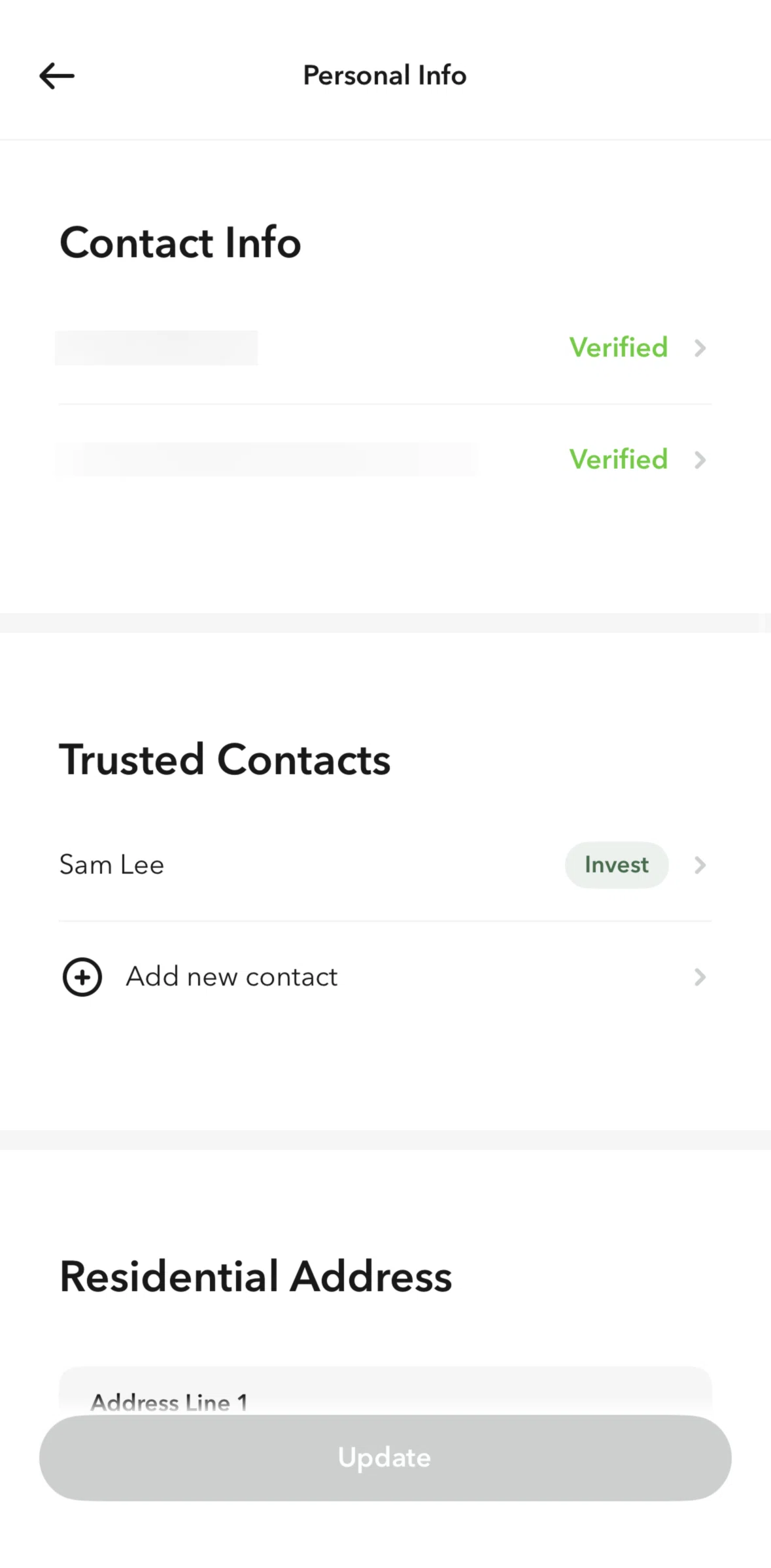 Acorns Screen screen in the Removing a contact flow