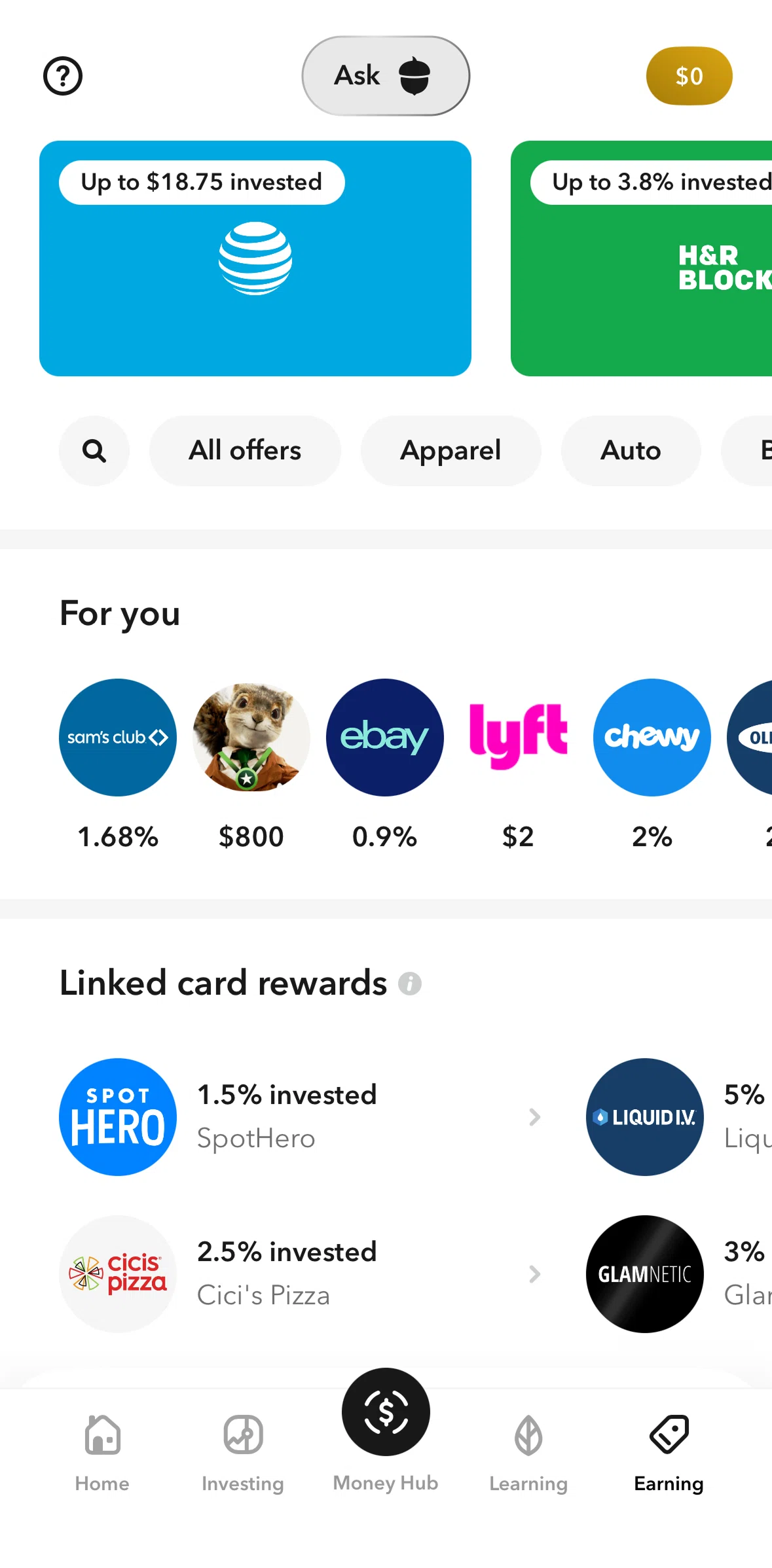 Acorns Screen screen in the Searching offers flow
