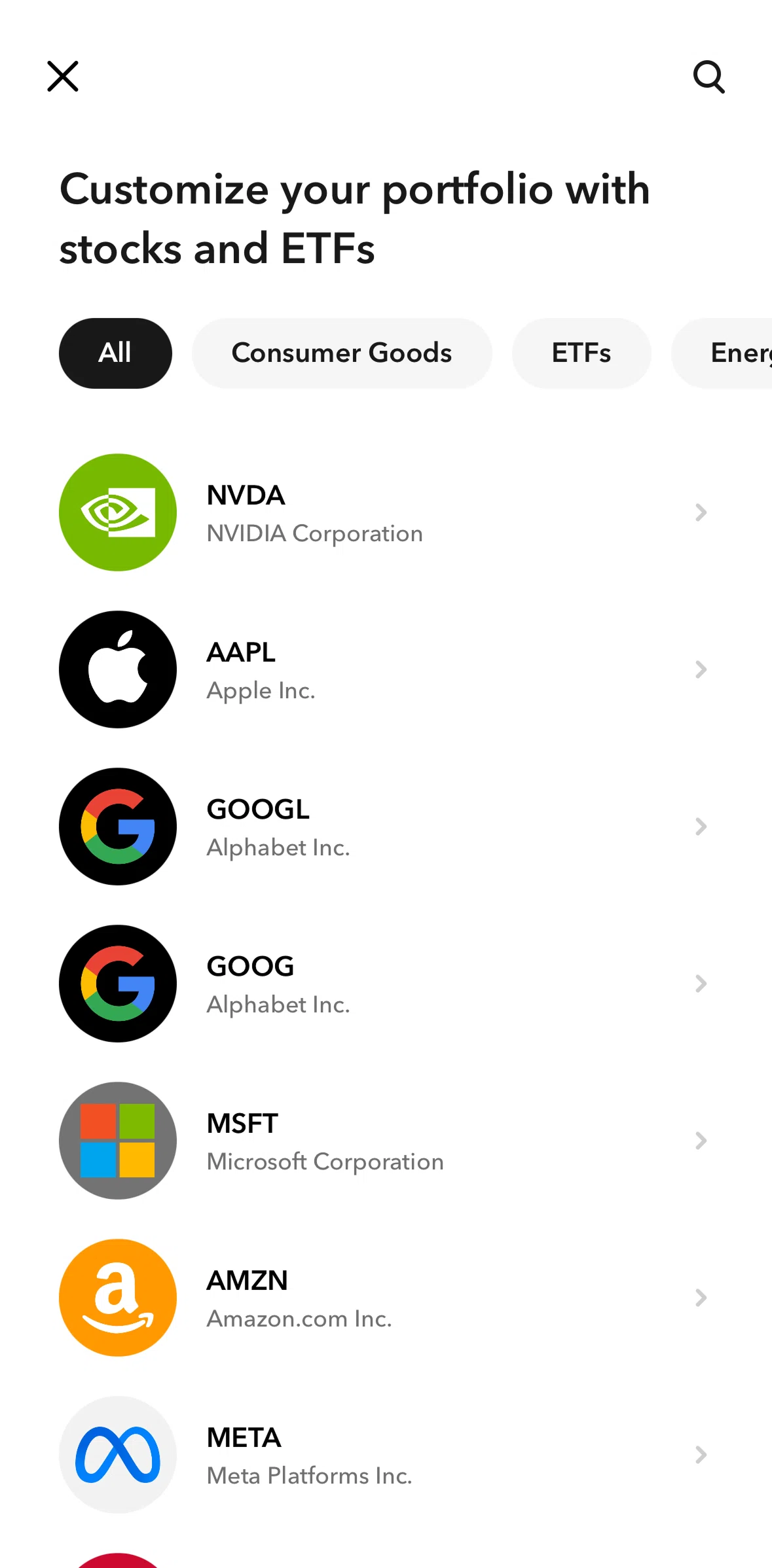 Acorns Screen screen in the Searching stocks and ETFs flow