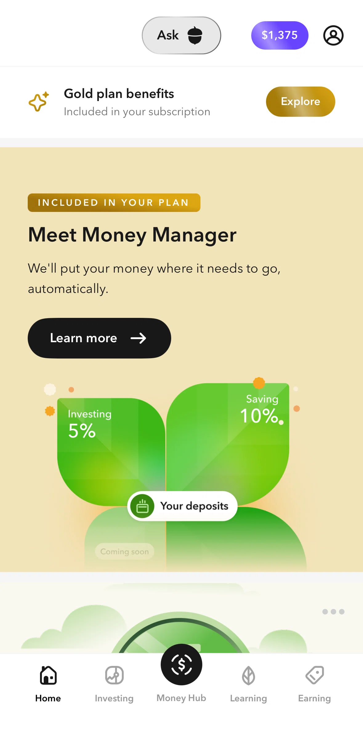 Acorns Screen screen in the Set up money manager flow
