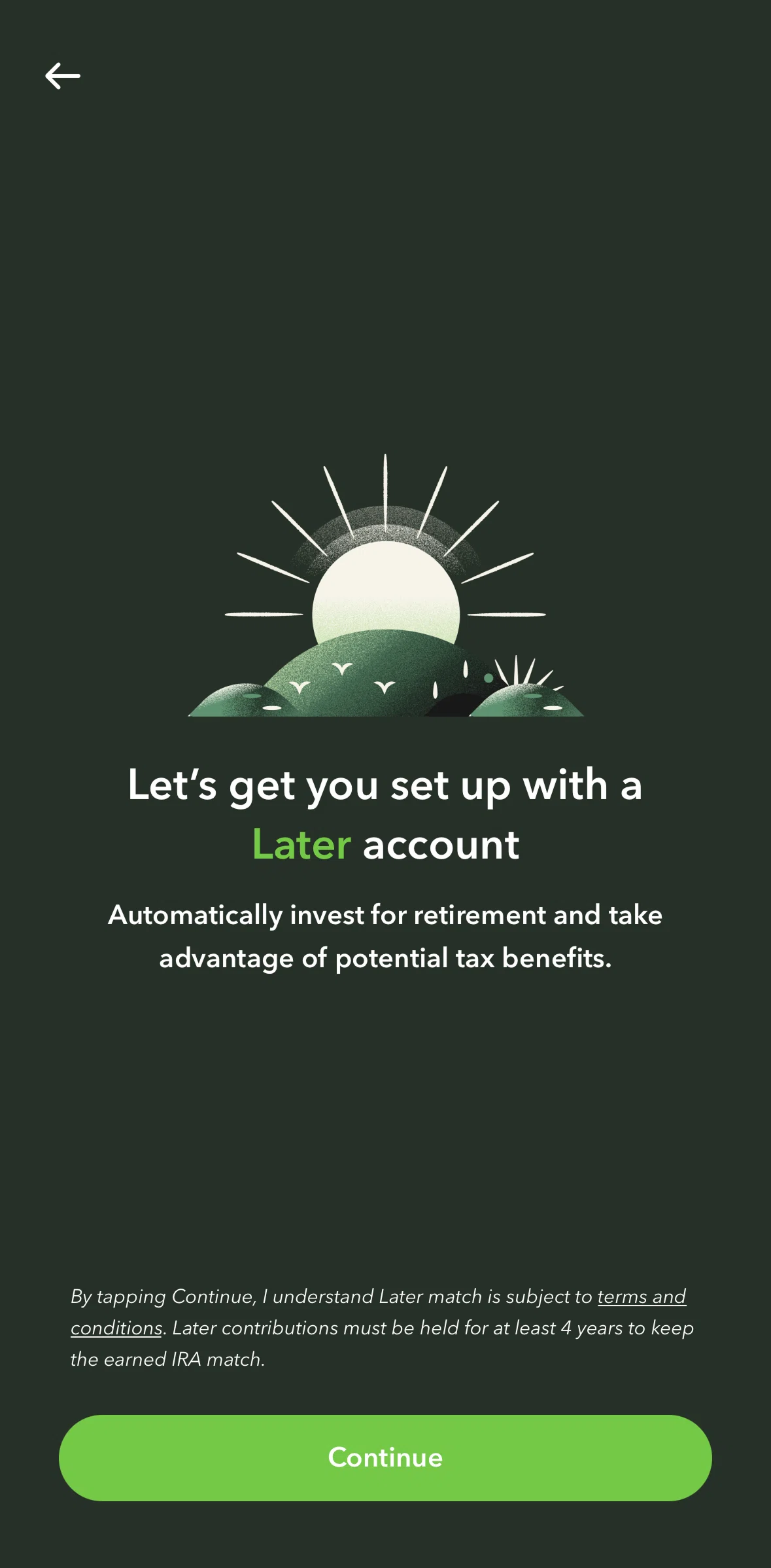 Acorns Screen screen in the Setting up a Later account flow