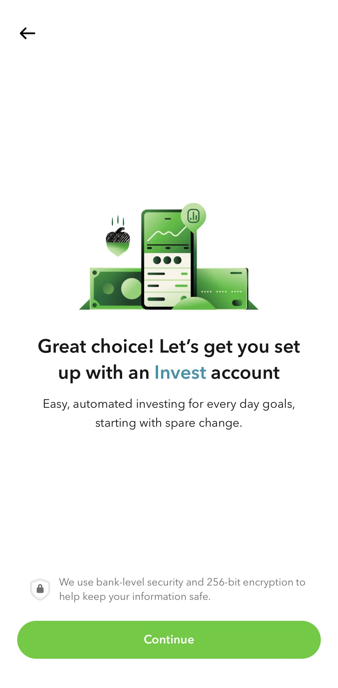 Acorns Screen screen in the Setting up an invest account flow