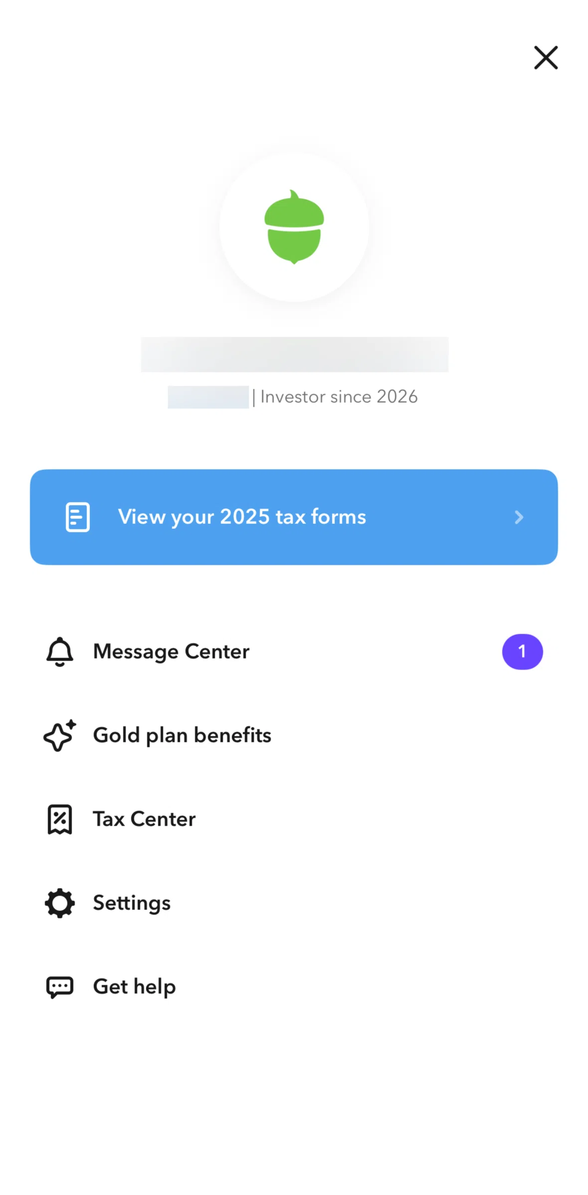 Acorns Screen screen in the Settings flow