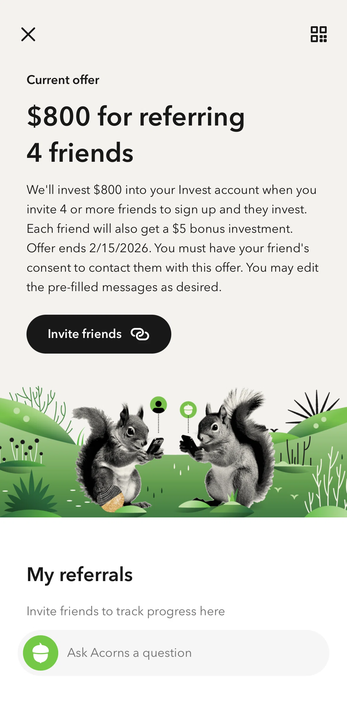 Acorns Screen screen in the Share a code flow