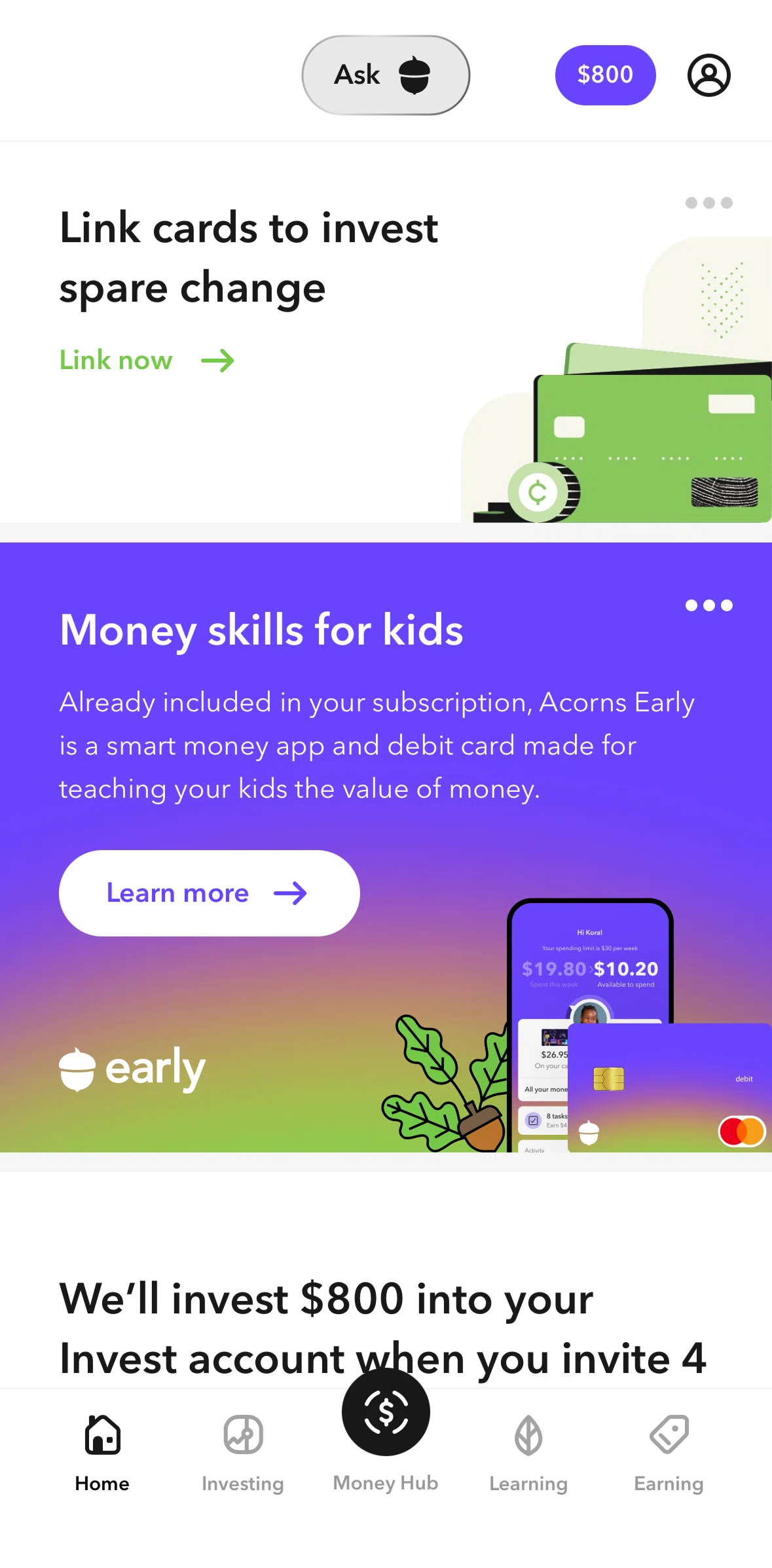 Acorns Screen screen in the Smart money app and debit card for kids flow