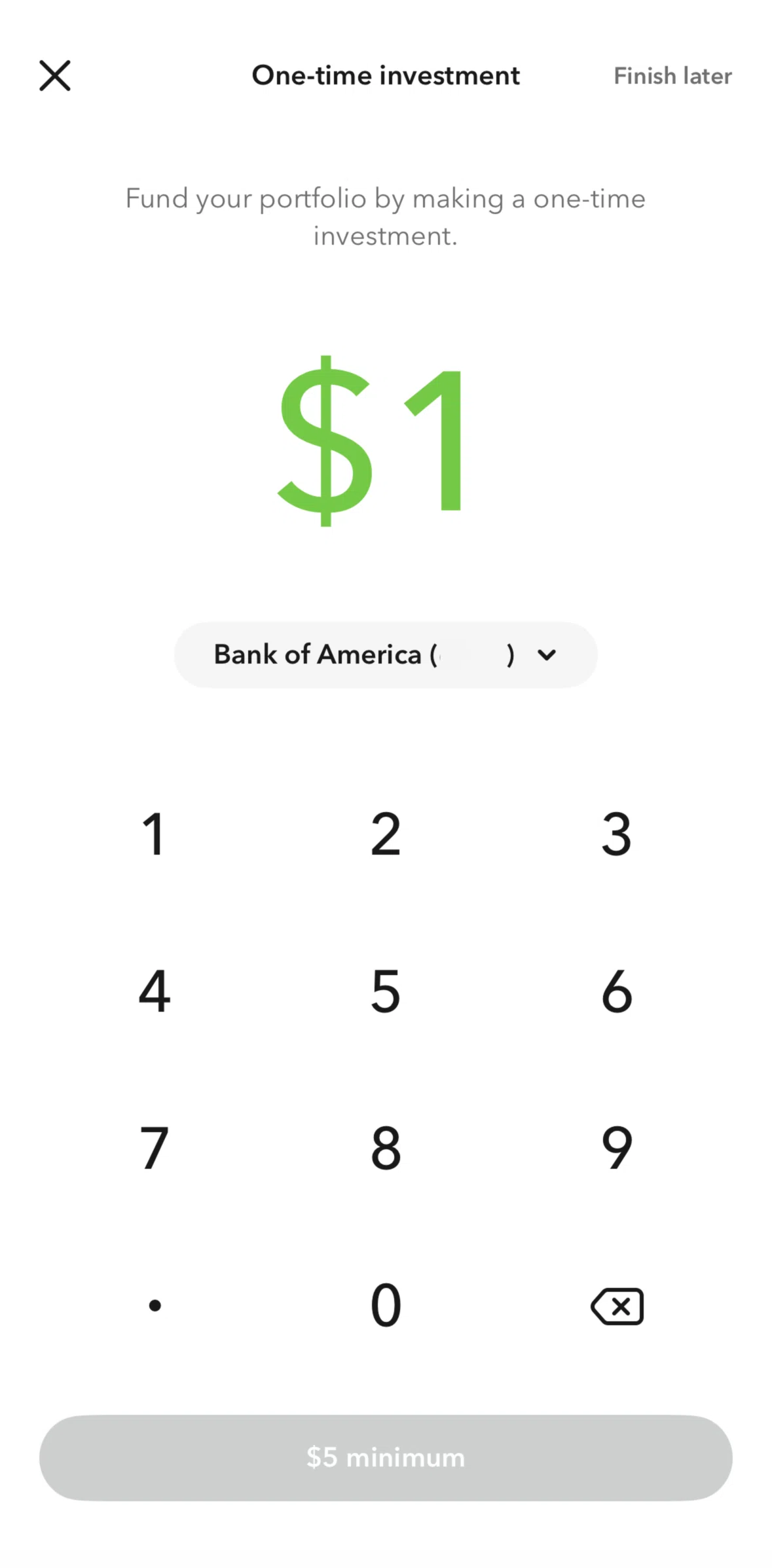 Acorns Screen screen in the Stock detail (one-time investment) flow