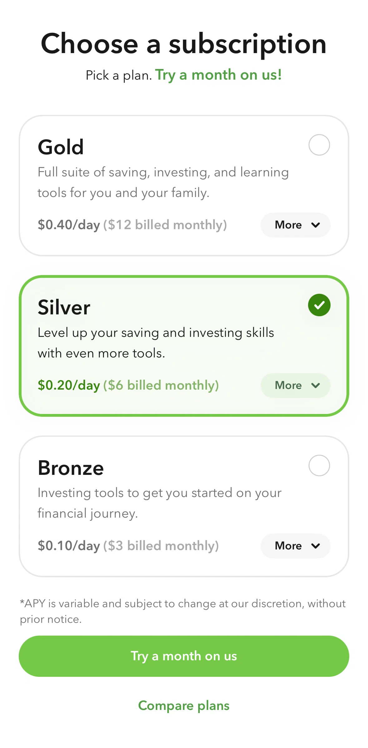 Acorns Screen screen in the Subscribing to Gold plan flow