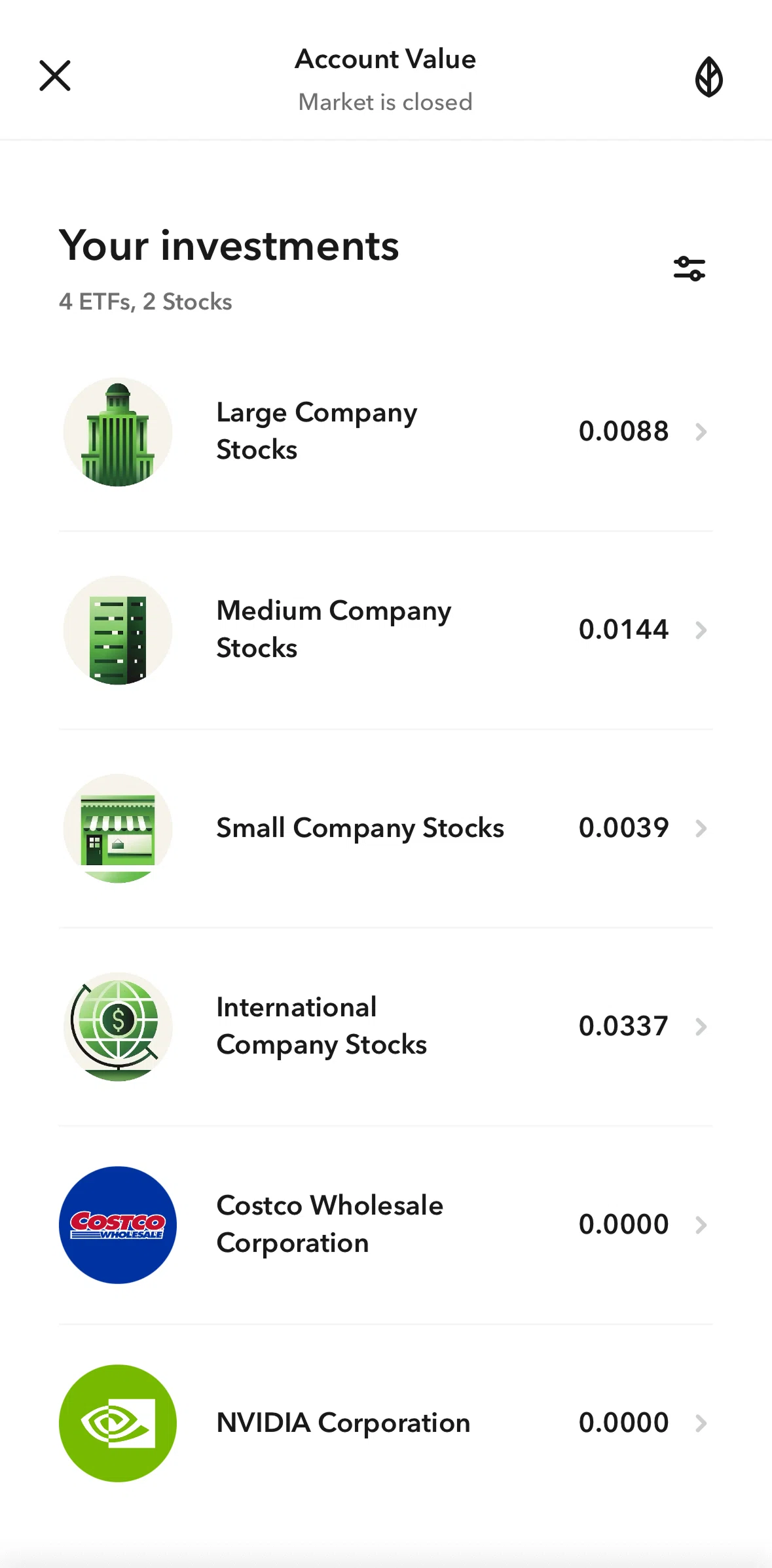 Acorns Screen screen in the Switching investments view flow