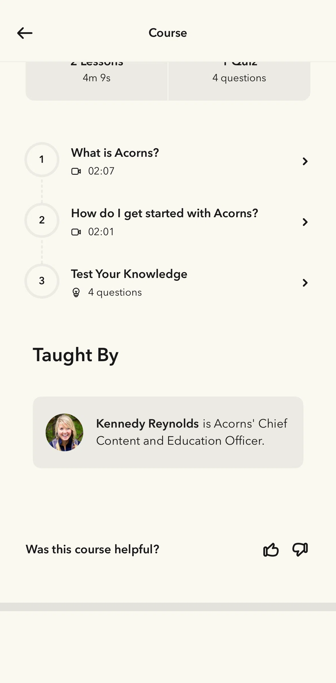 Acorns Screen screen in the Taking a quiz flow