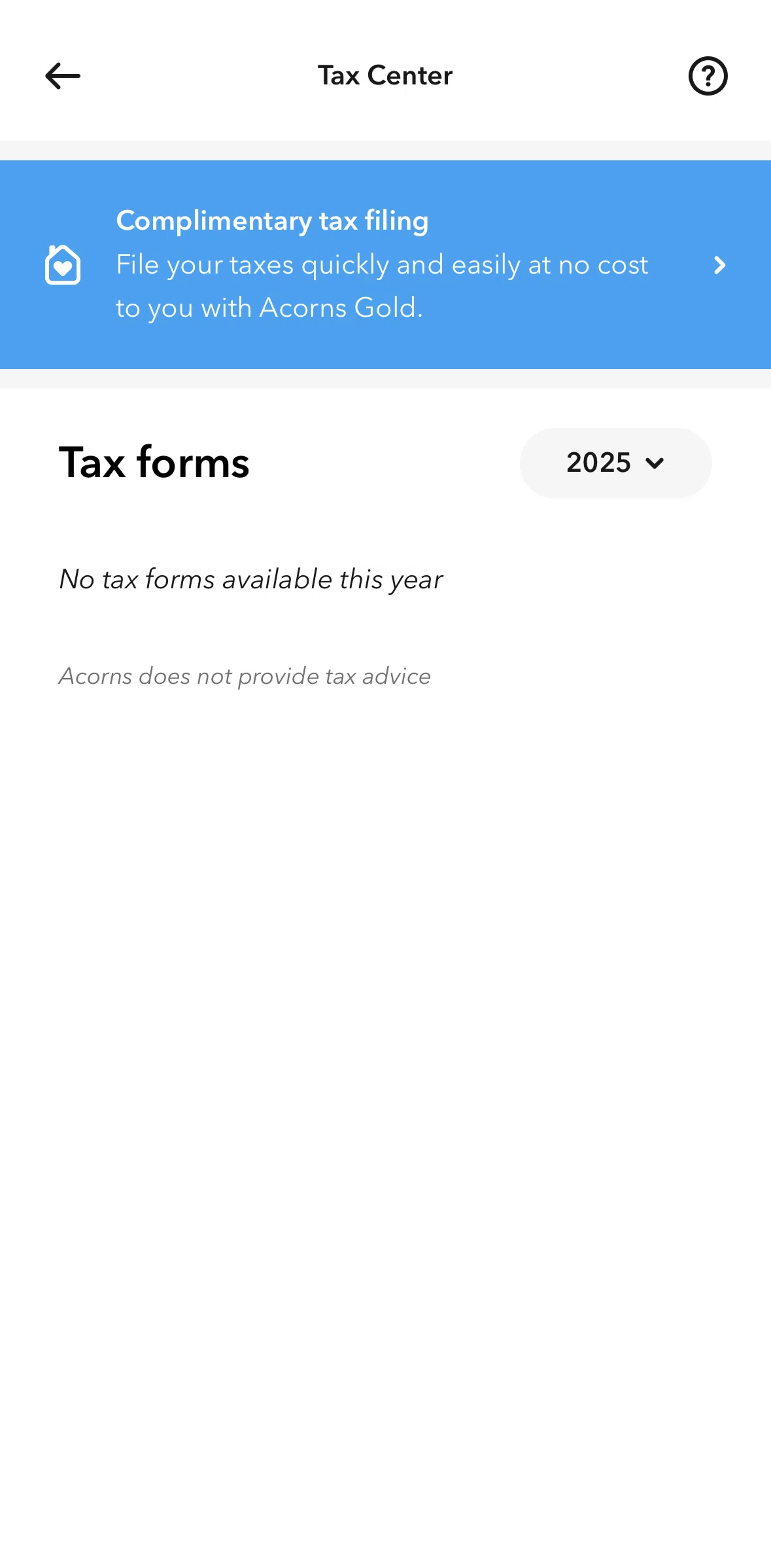 Acorns Screen screen in the Tax filling flow