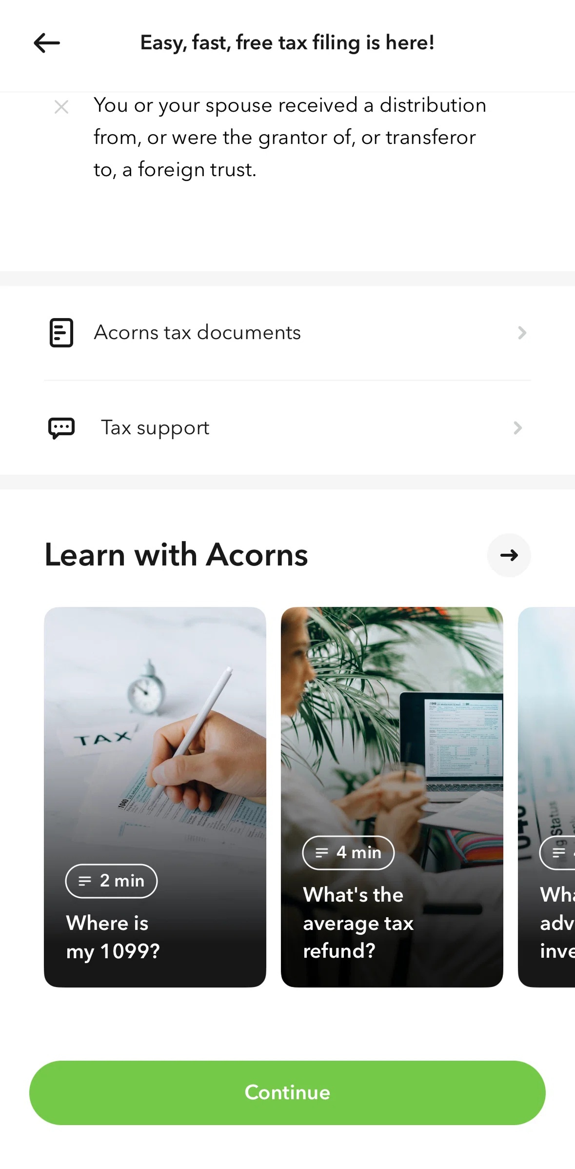 Acorns Screen screen in the Tax support flow