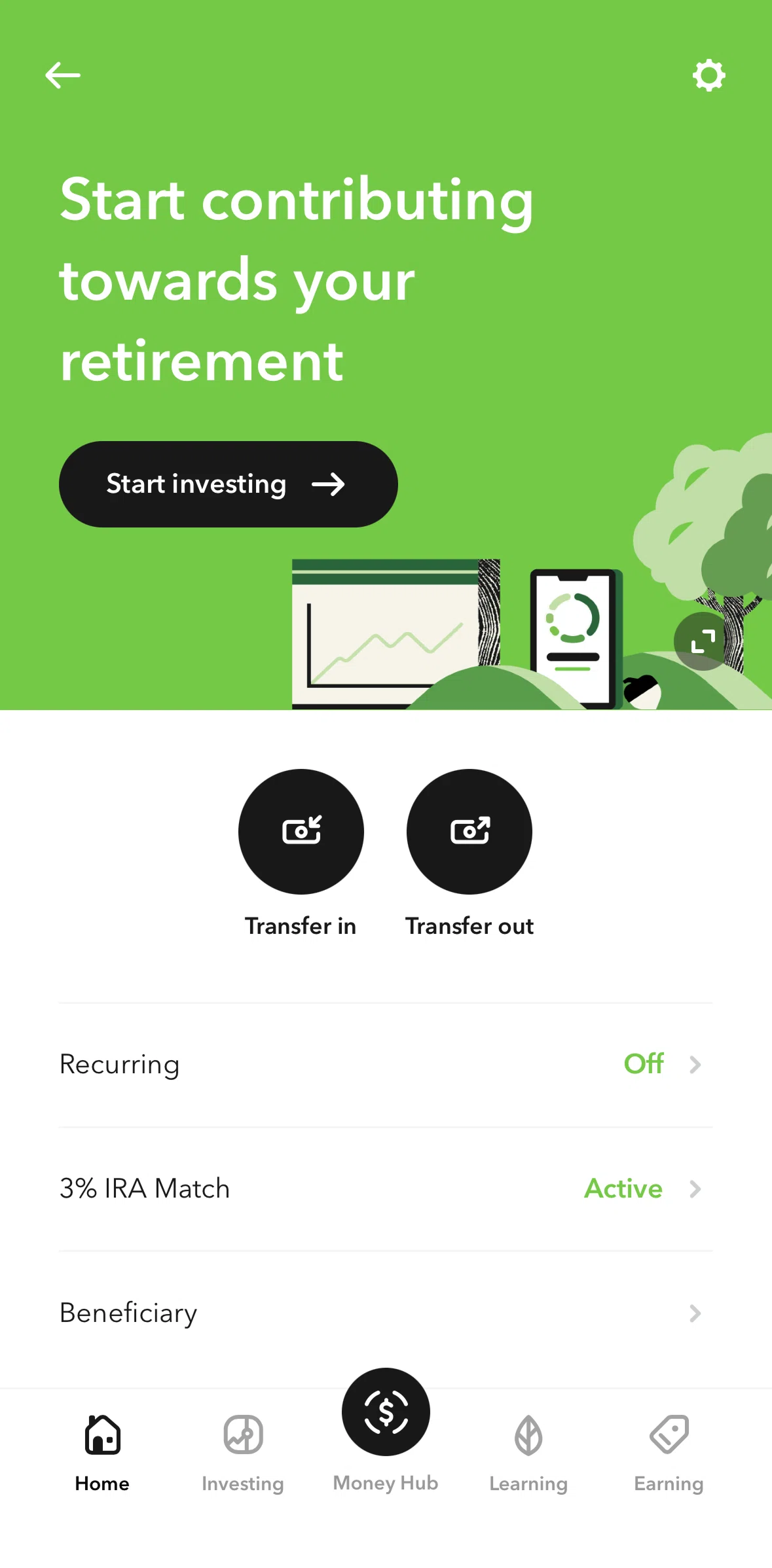 Acorns Screen screen in the Transferring in money (Later) flow