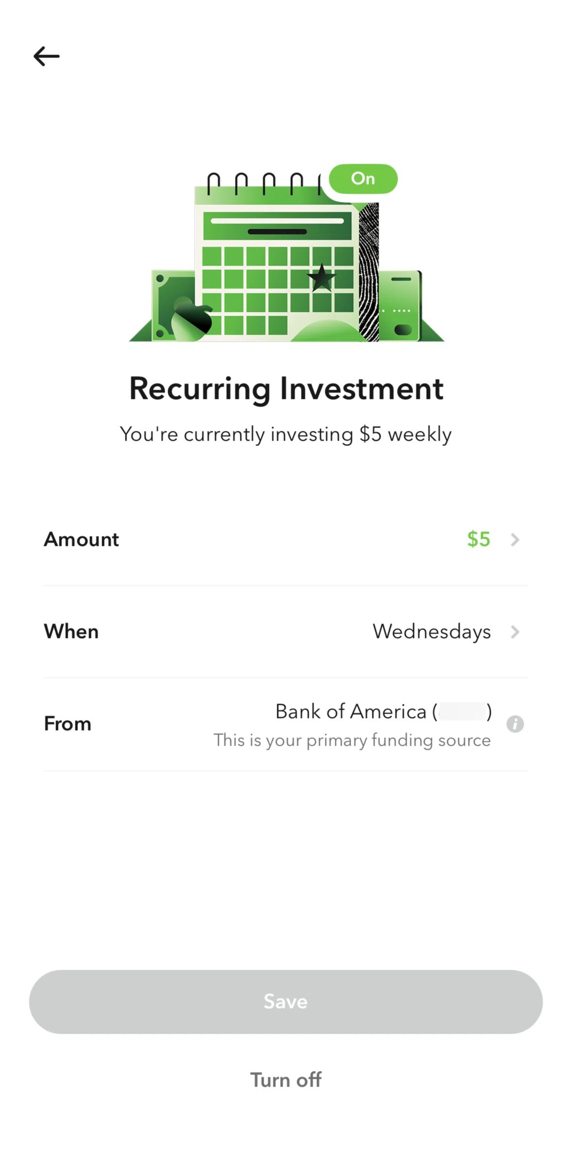 Acorns Screen screen in the Turning off recurring investment flow