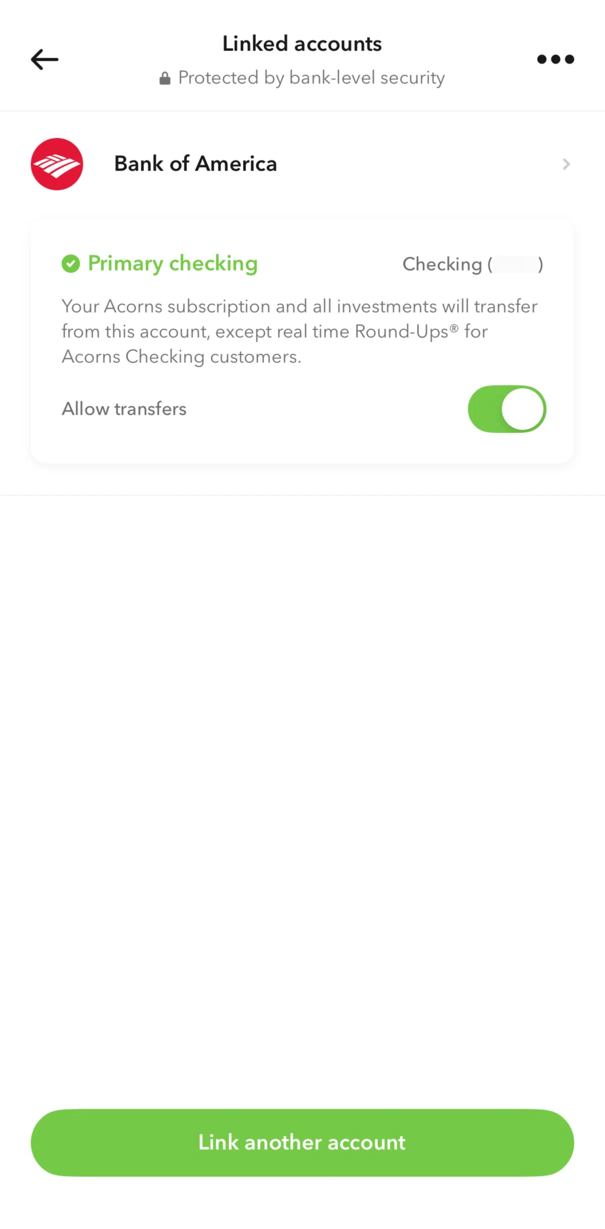 Acorns Screen screen in the Turning off transfers flow