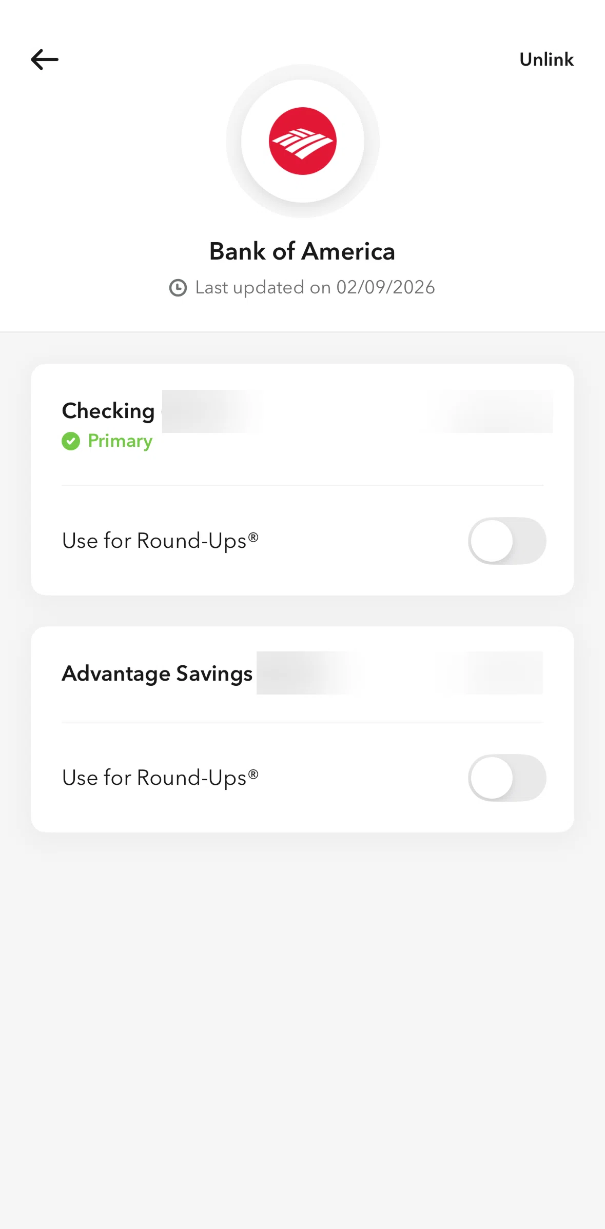 Acorns Screen screen in the Turning on Round-Ups flow
