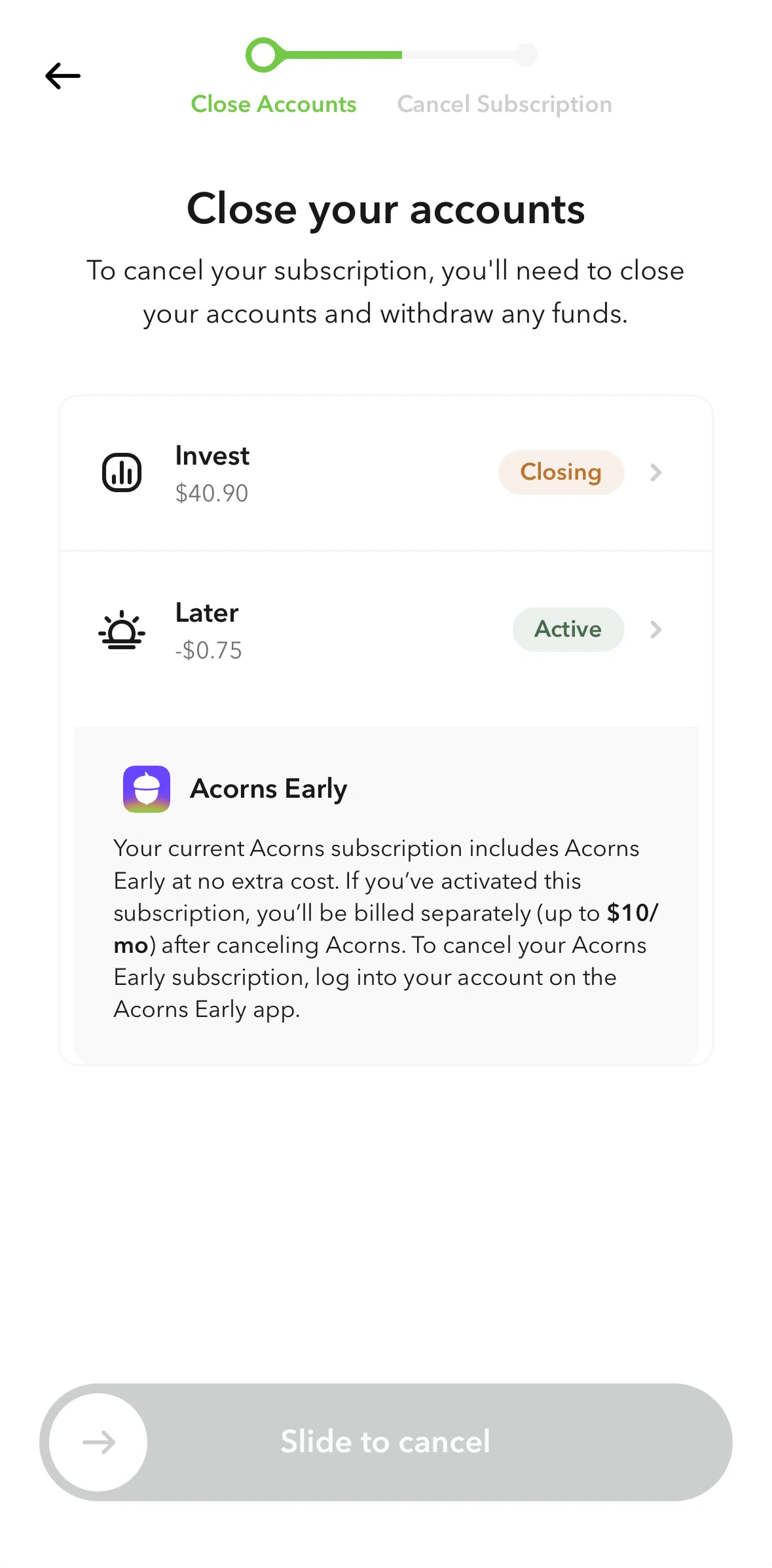 Acorns Screen screen in the Withdrawing funds flow