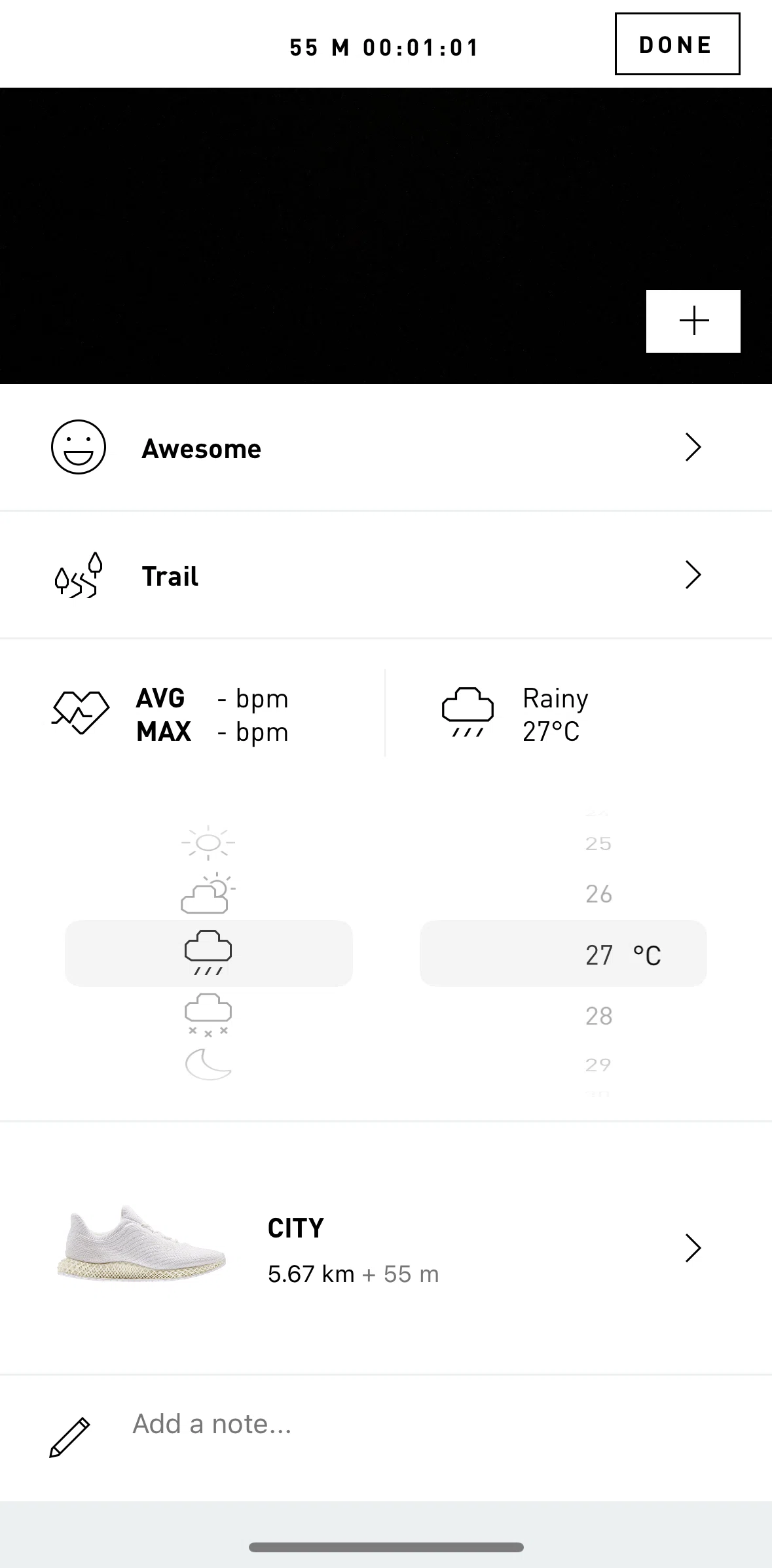 adidas Running Screen screen in the Adding a note flow