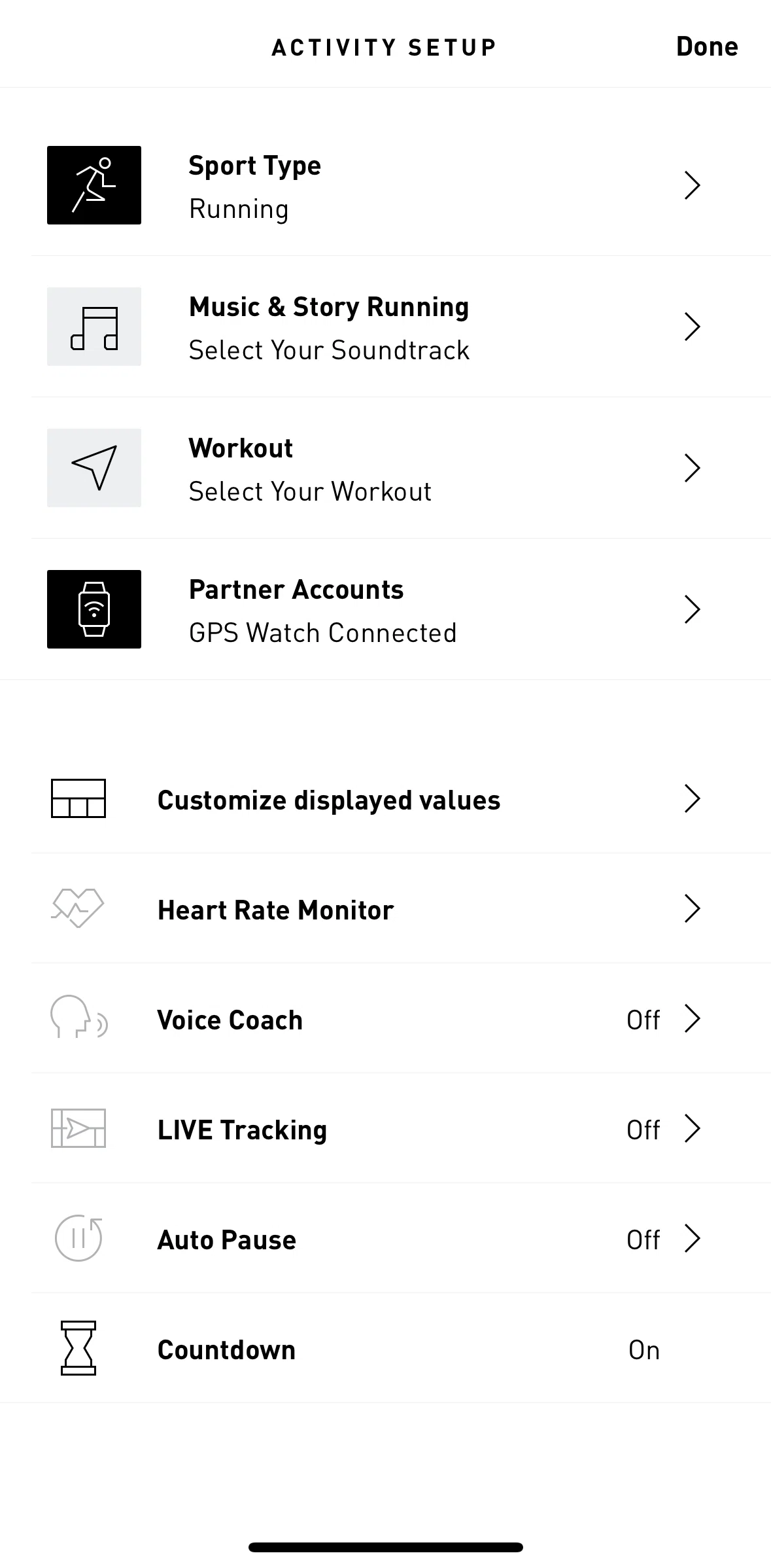 adidas Running Screen screen in the Changing sport type flow