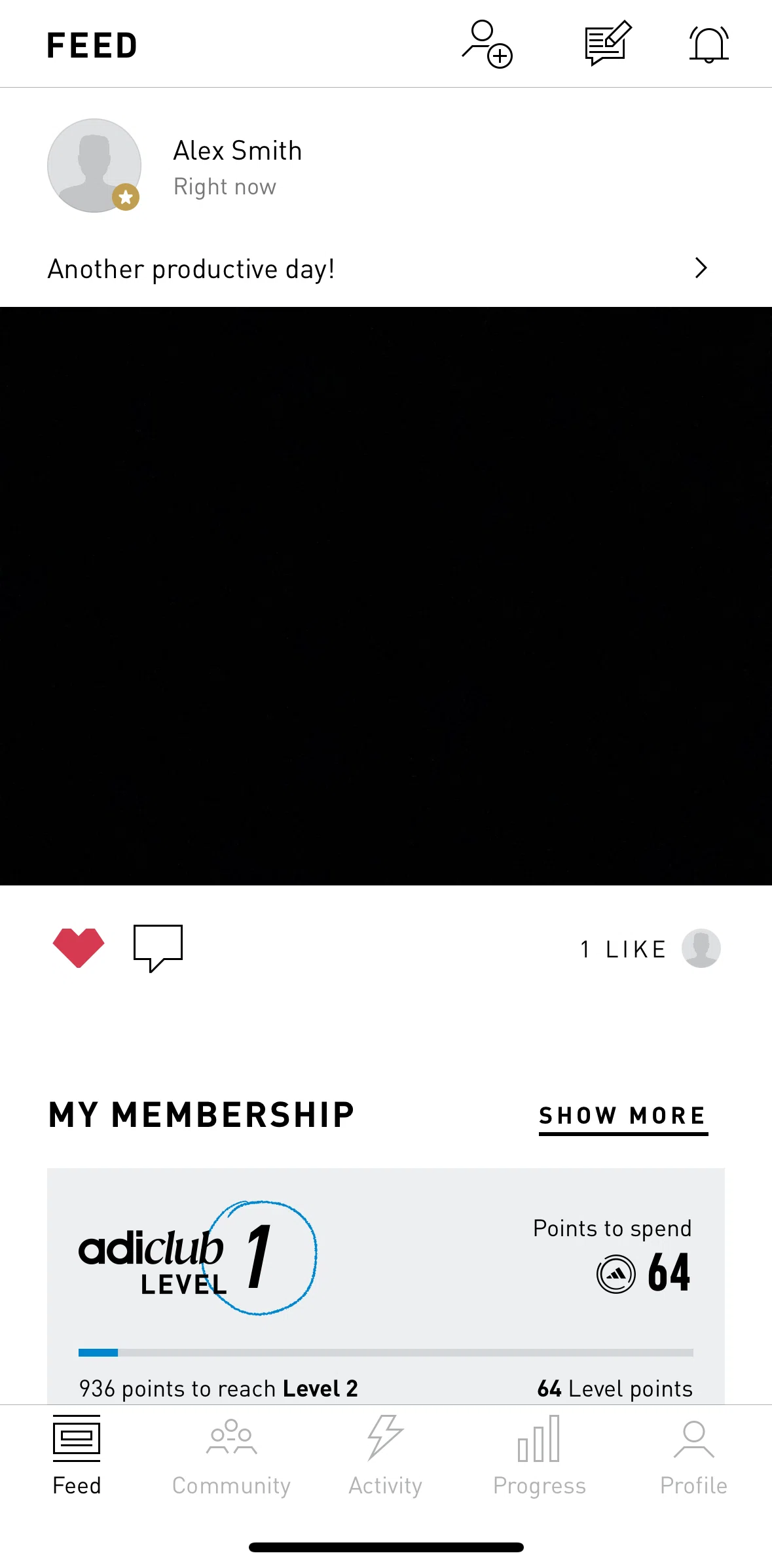 adidas Running Screen screen in the Commenting on a post flow