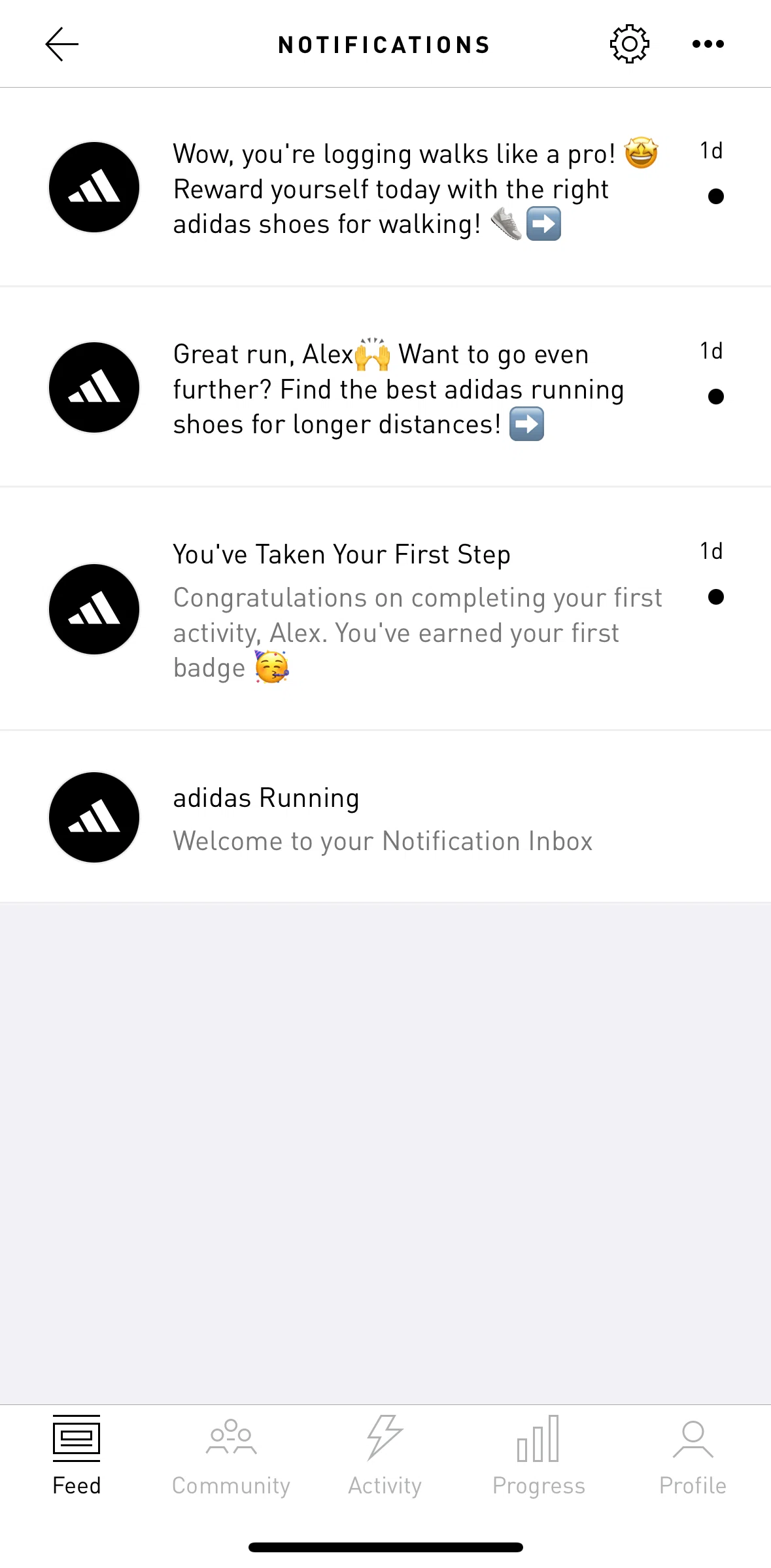 adidas Running Screen screen in the Customizing notification settings flow