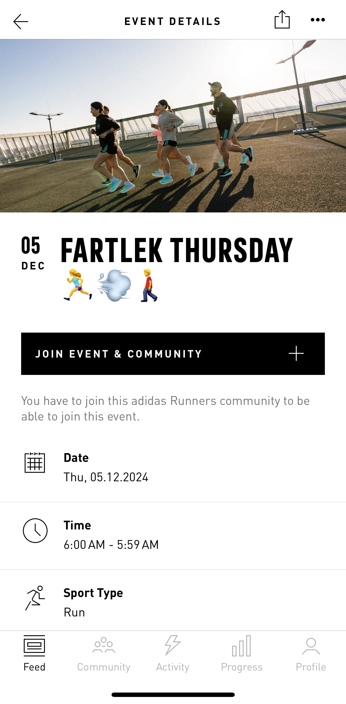 adidas Running Screen screen in the Joining an event flow