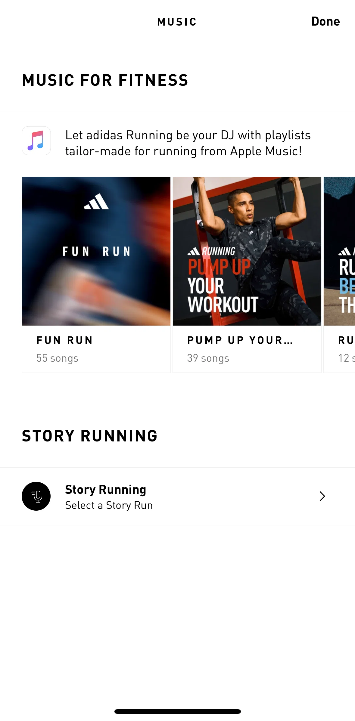 adidas Running Screen screen in the Listening to an audio sample flow