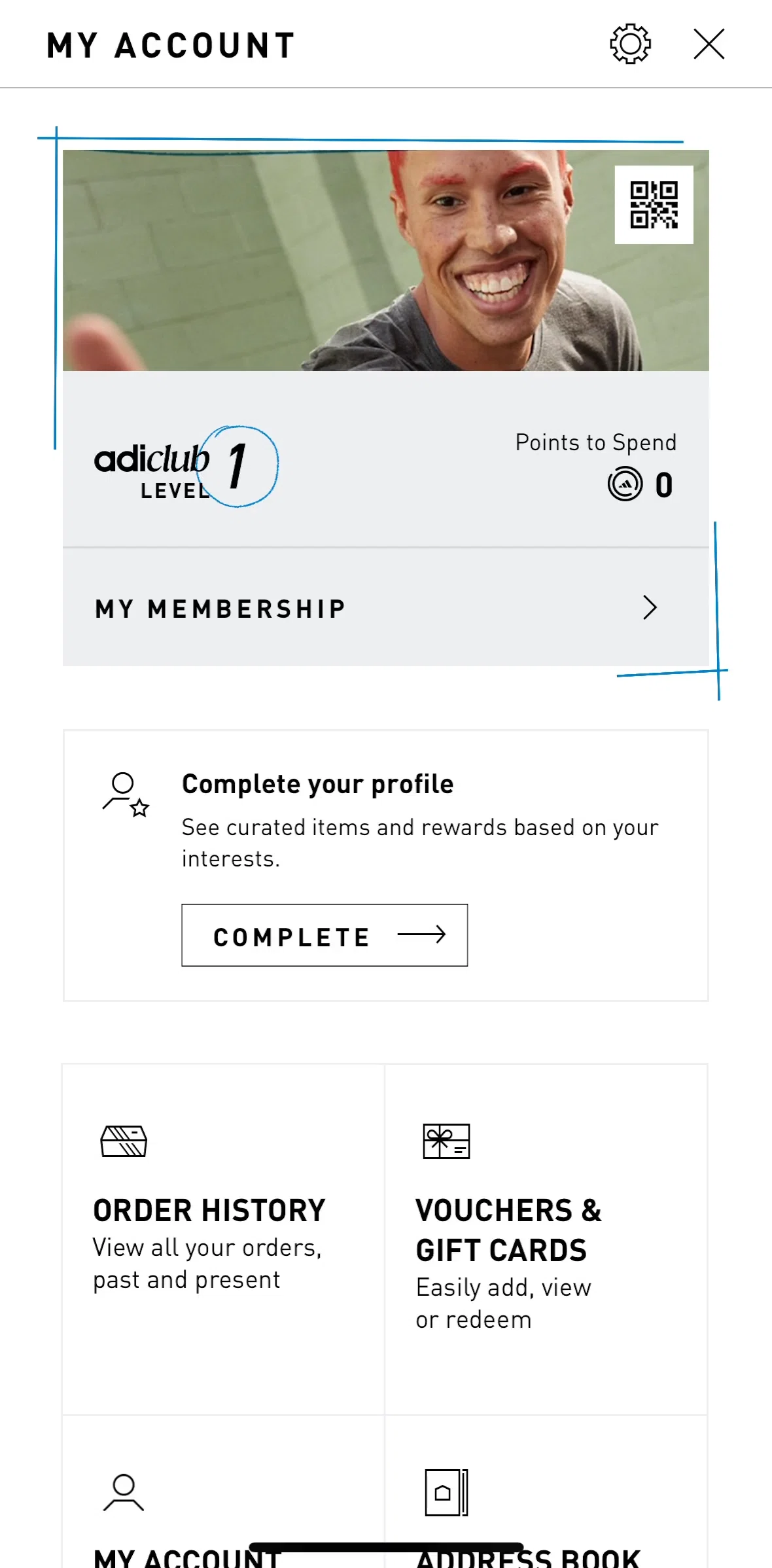 adidas Screen screen in the Completing profile flow