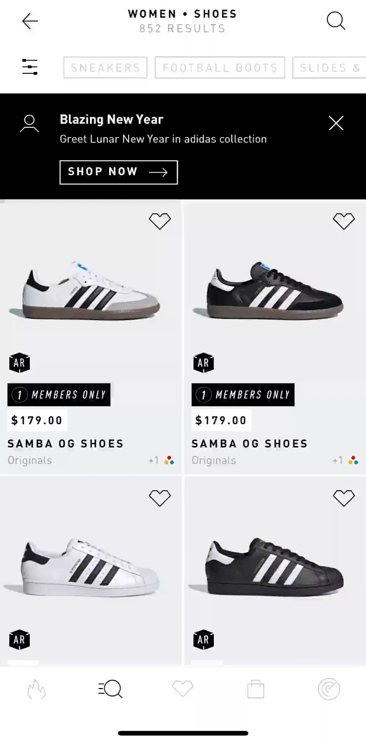 adidas Screen screen in the Filtering products flow