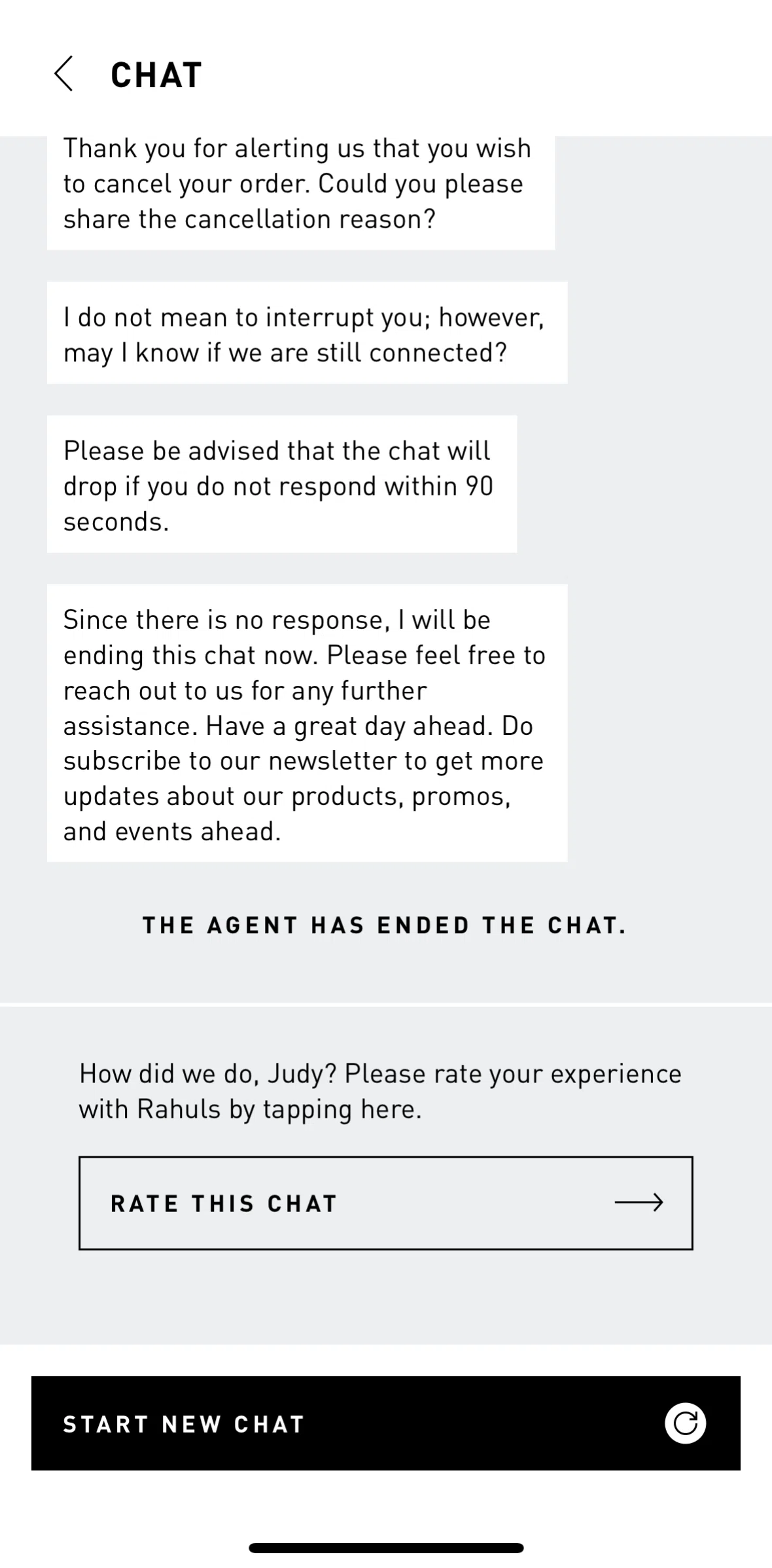 adidas Screen screen in the Rating a chat flow