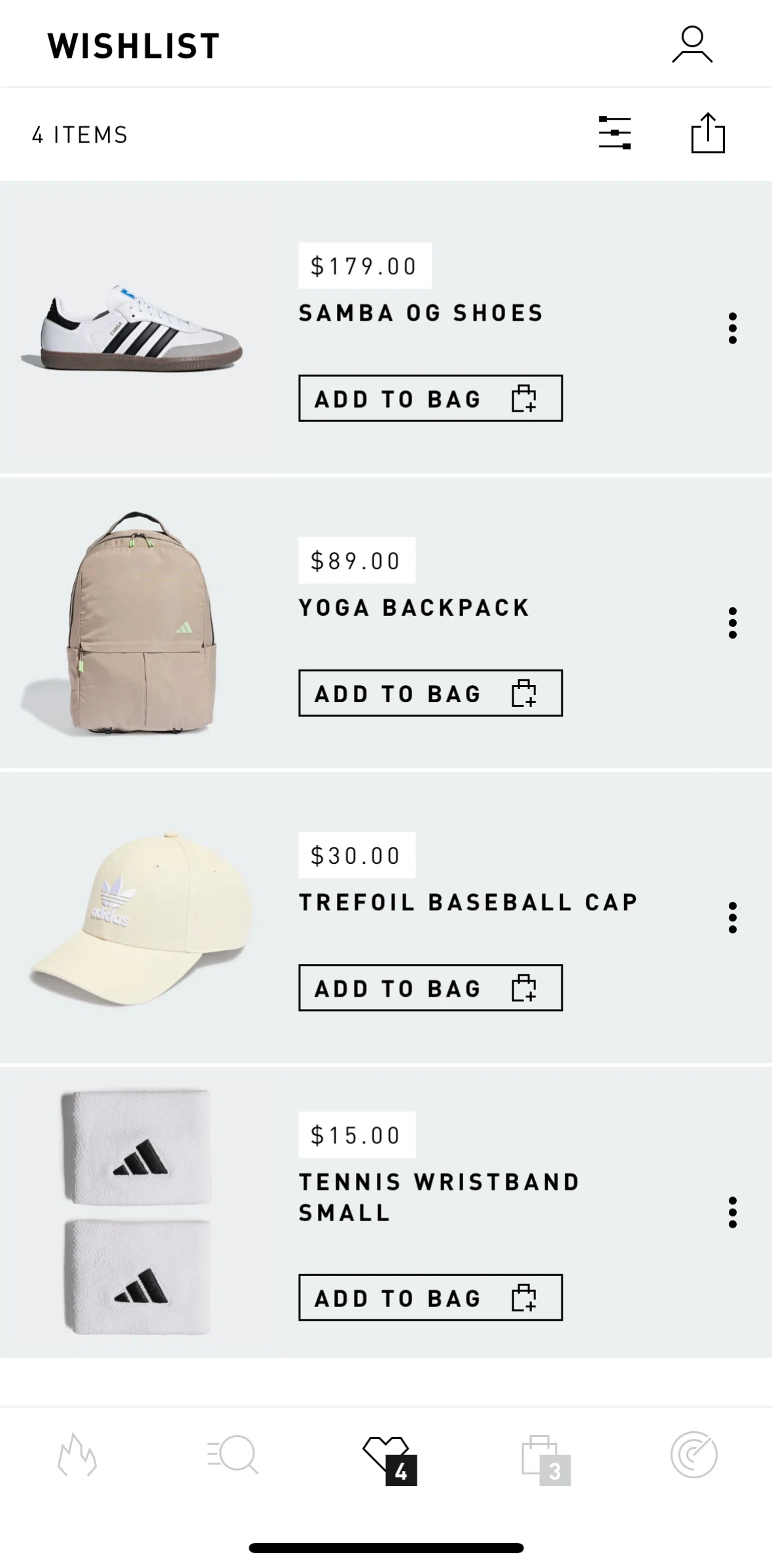 adidas Screen screen in the Removing an item from wishlist flow