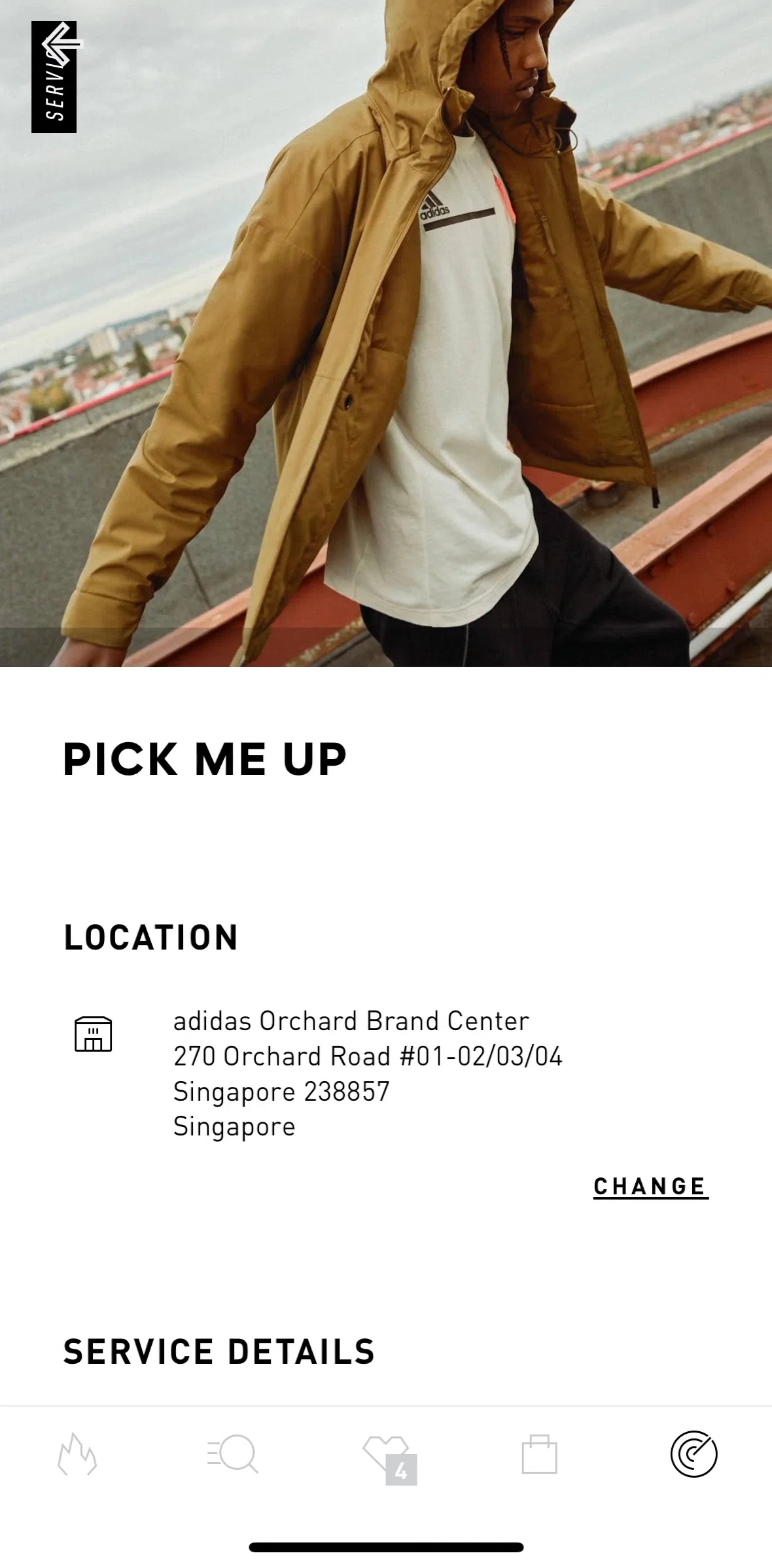 adidas Screen screen in the Scheduling a pick up timing flow