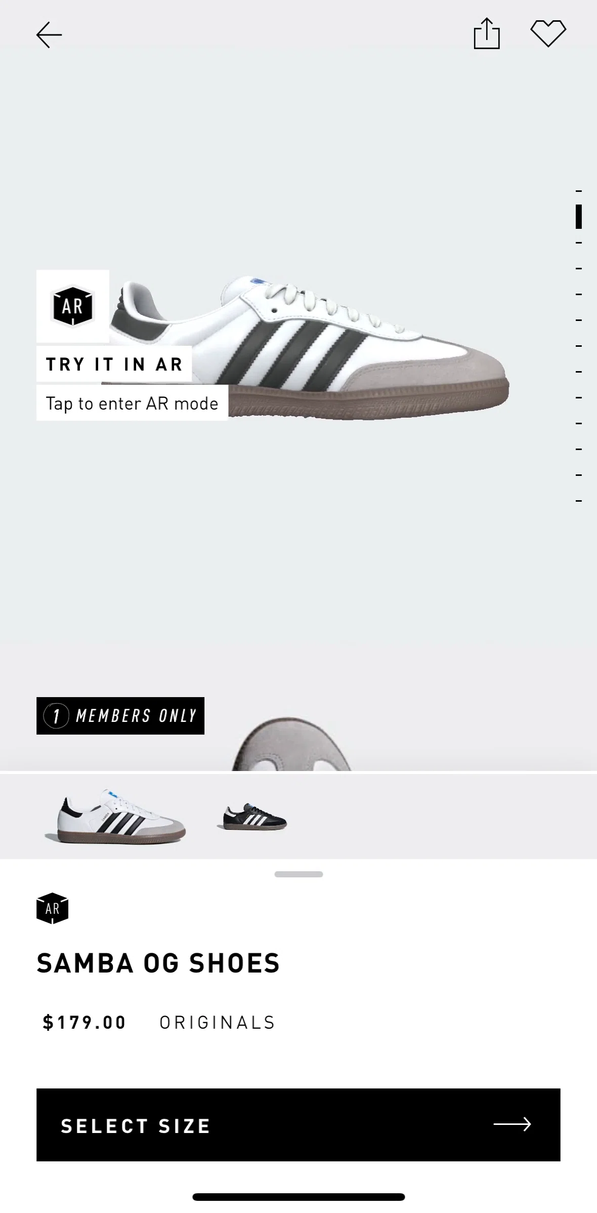 adidas Screen screen in the Try a product in AR flow